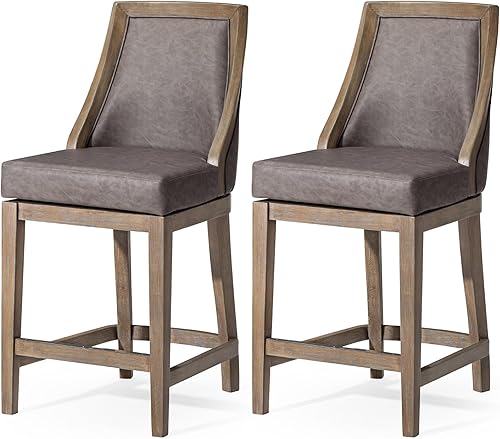 Maven Lane Vienna - Taburete giratorio de 26 pulgadas de alto con respaldo alto en acabado de roble recuperado con asiento de cuero vegano Ronan