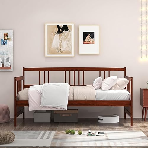 Miniatura 7 de Giantex - Marco de cama doble de día, sofá cama de madera con rieles y soporte de listones de madera, marco de cama de plataforma tamaño individual