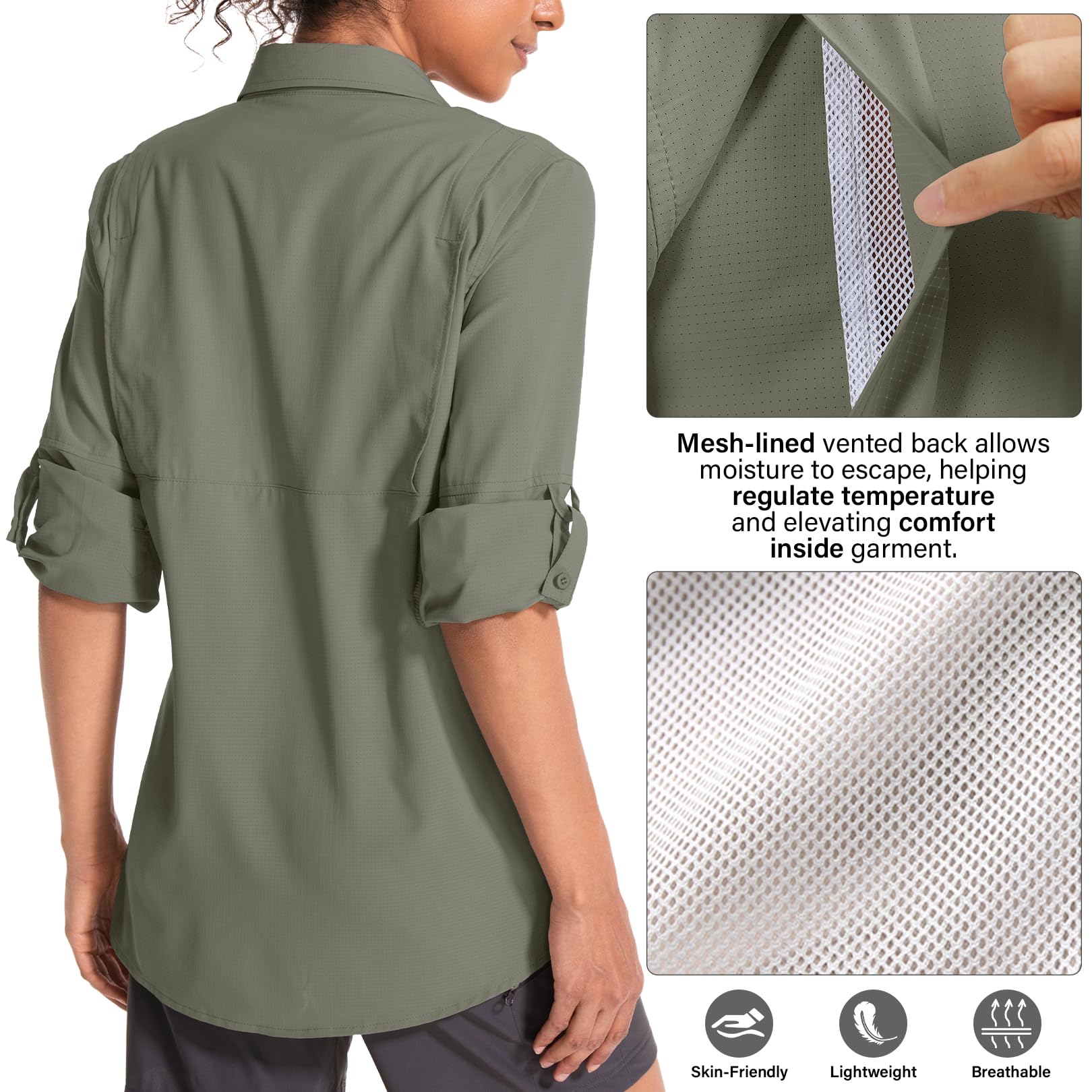Camisa de manga larga UPF 50 para mujer, diseño de safari, senderismo, pesca, protección UV rápida, con botones, camisa de viaje para jardinería