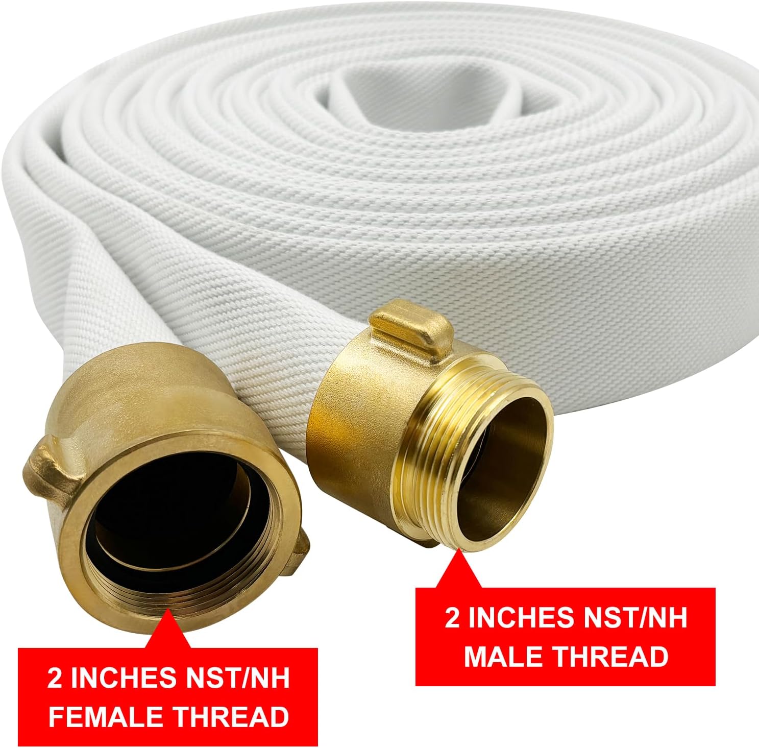 Fire Hose, White, 2 inches x 50' Lay Flat Heavy Duty Backwash/Discharge Firehose, NST/NH Brass Connectors (2” NST/NH-50FT)