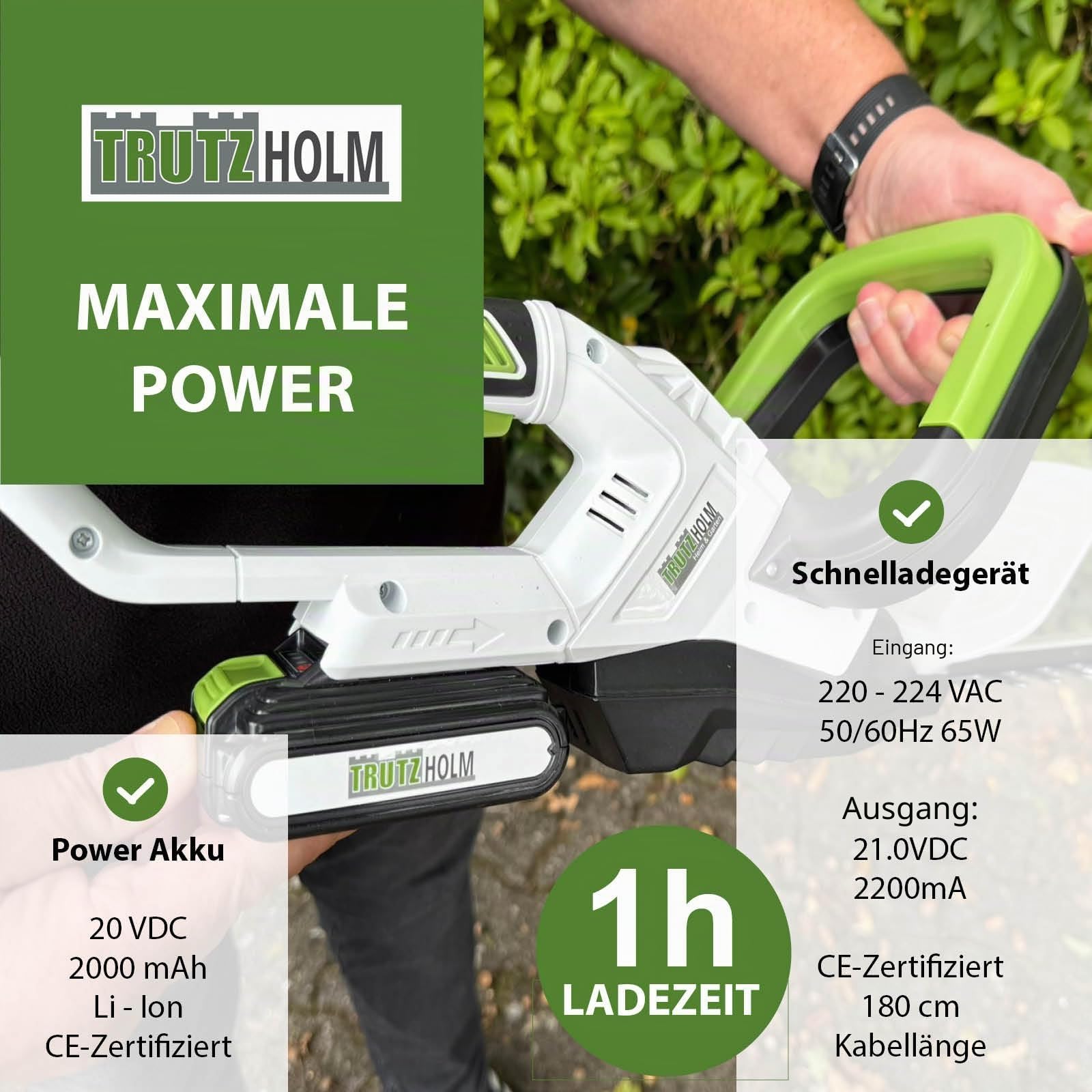 TRUTZHOLM Akku Heckenschere 20V/2,0Ah mit Akku und Schnellladegerät, 52cm Schnittlänge, 65mm Schnittbreite, 10mm Aststärke, drehbarer Griff 180°, Messeranstoßschutz, 40min Laufzeit, 2,5kg leicht