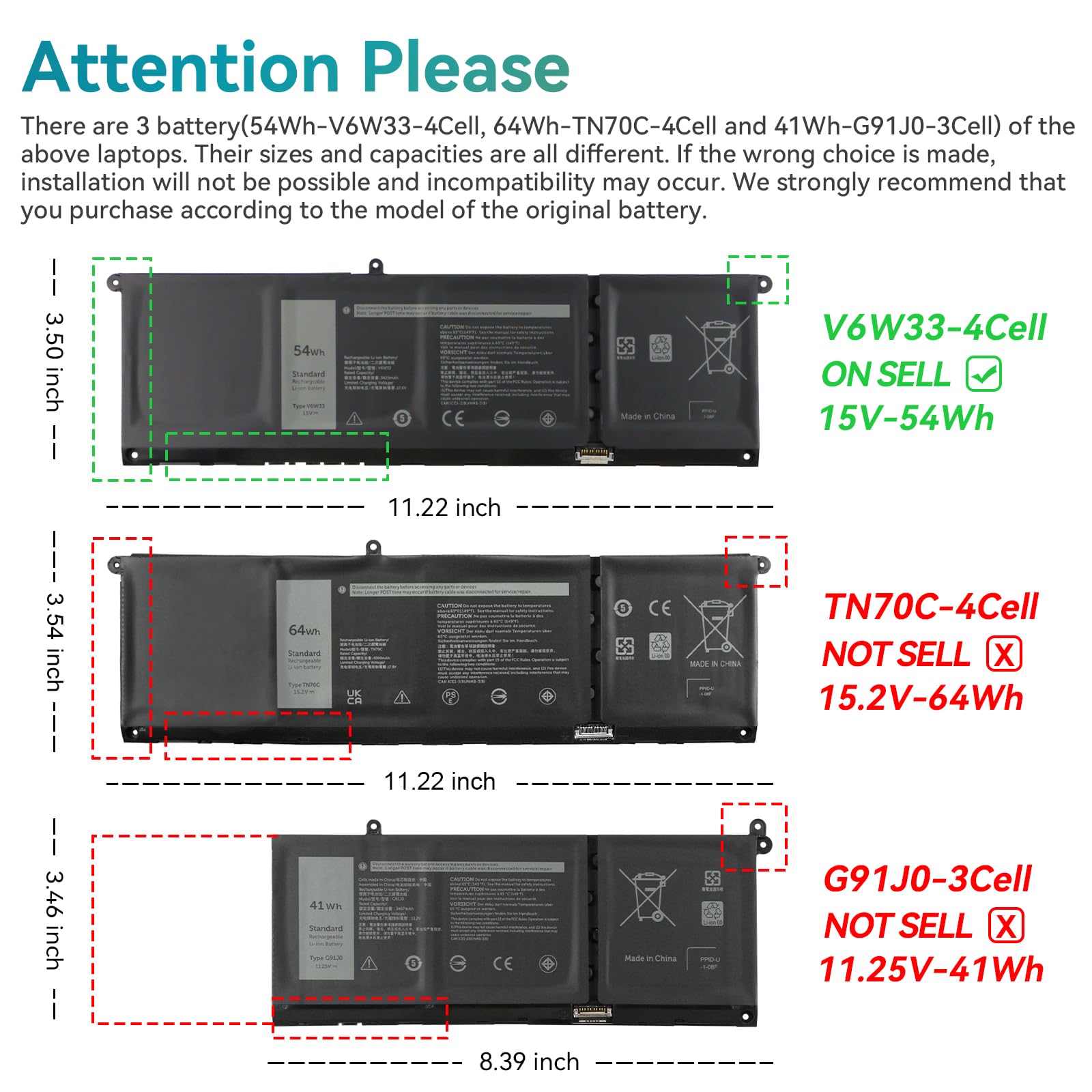 54Wh V6W33 TN70C G91J0 Laptop Batteria per Dell Latitude 3320 3420 3520 Inspiron 14 Plus 7420 3510 3511 3515 3520 3525 3535 5310 5410 5415 5418 5510 5515 5518 5410 7415 7420 7425 7430 7435 7620 2-in-1