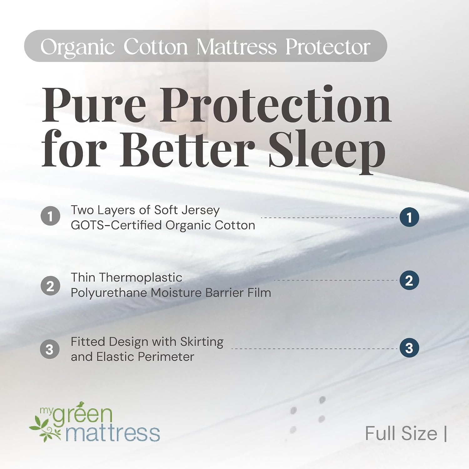 My Green Mattress Organic Cotton Mattress Protector - GOTS Certified Cotton Cover, Waterproof Breathable Bed Protector, Deep Pocket Fitted Design, Soft Durable Mattress Cover - Full