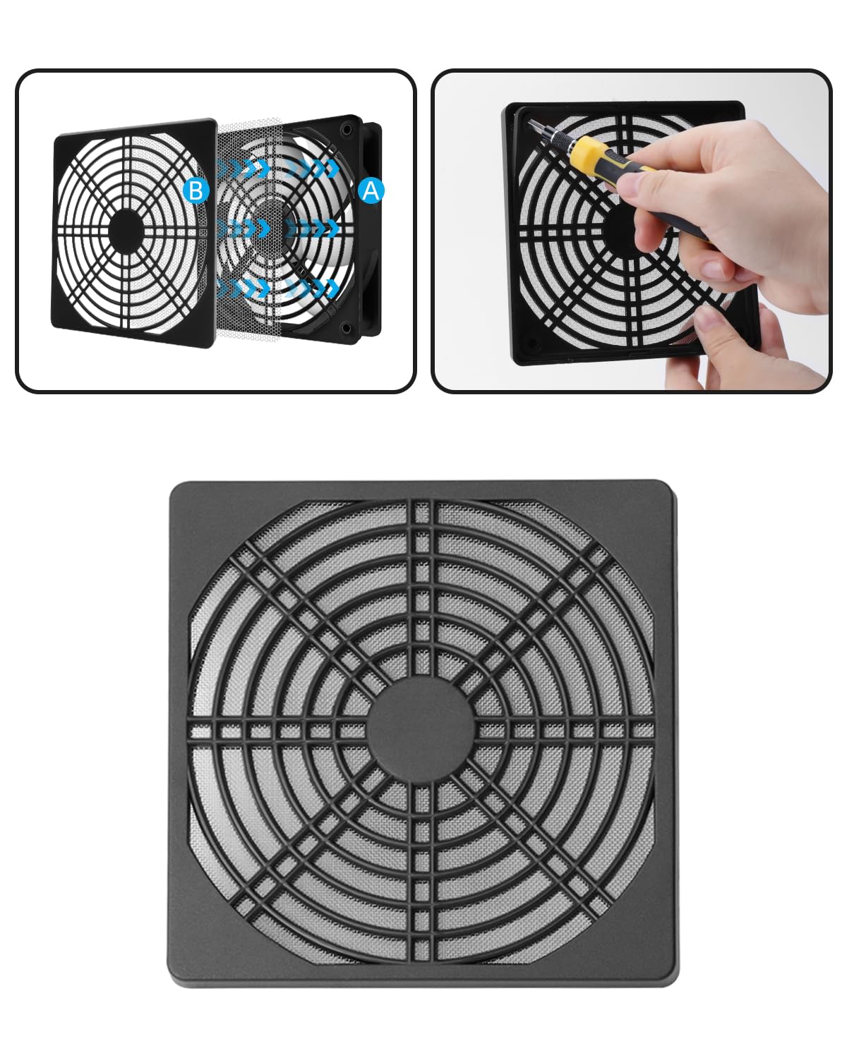 GELRHONR 120mm PC Telaio Ventola Filtro Polvere, 12x12cm Computer caso Ventola di Raffreddamento Filtro Polvere Maglia Rete Copertura Metallo Nero Computer Antipolvere con Viti-Nero