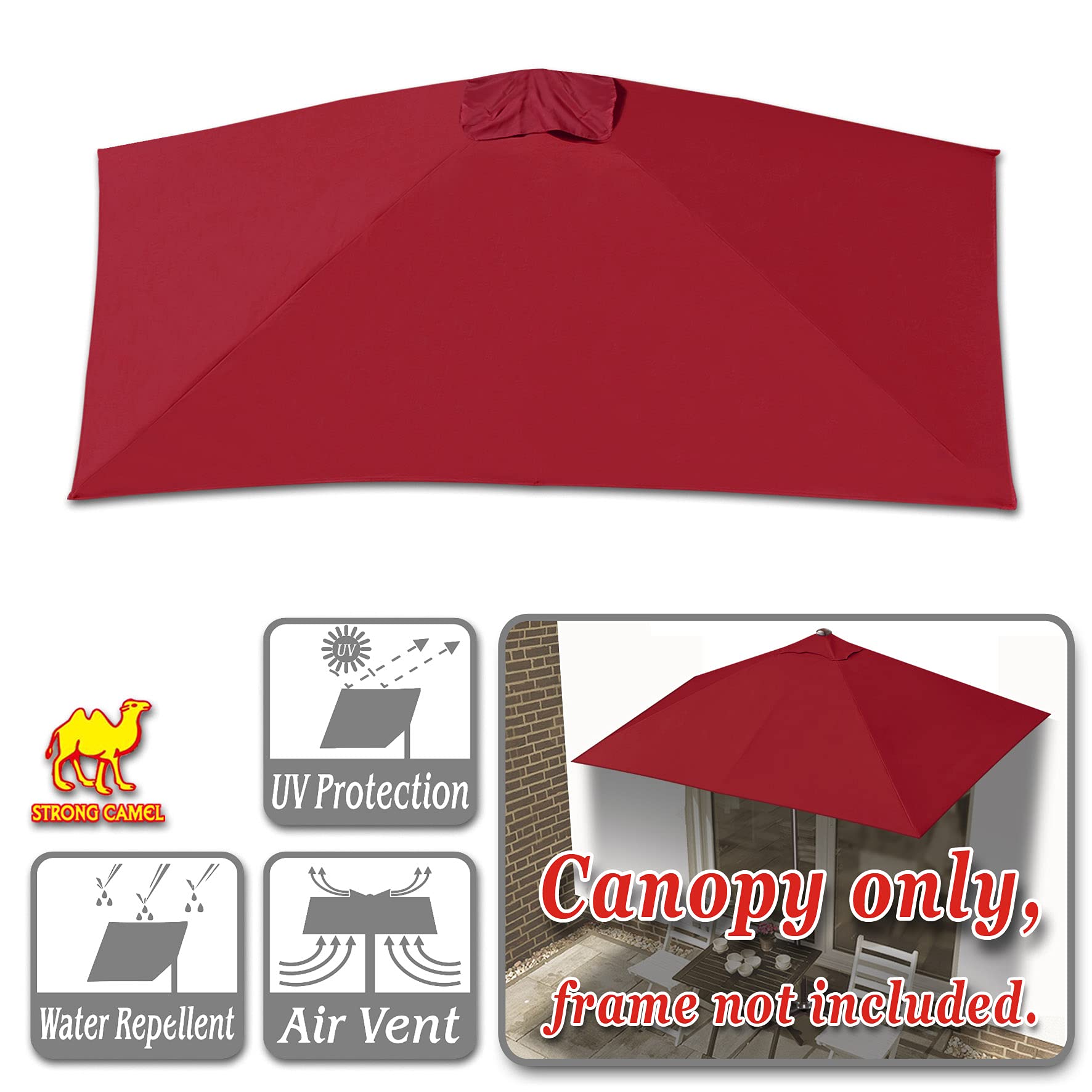 Strong Camel Replacement Rectangular Canopy Cover Only for 8.2X 3.9ft 5 Ribs Half Patio Umbrella (burgundy)
