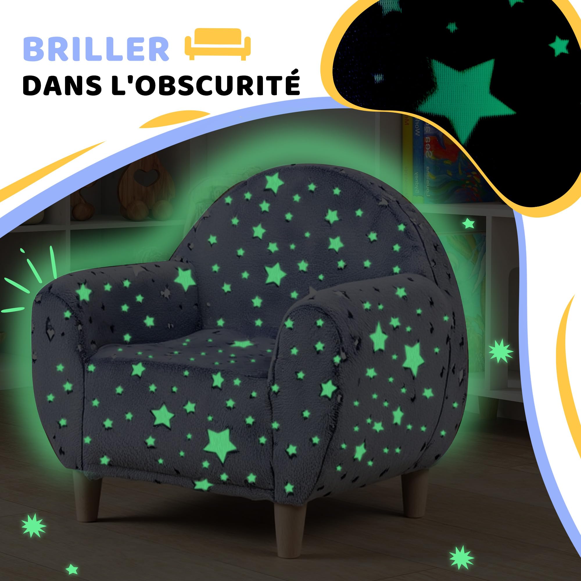 AIYAPLAY Fauteuil Enfants canapé pour Enfants hosphorescent avec Motif étoilé, Mini canapé en Tissu Velours, pour garçons et Filles, Gris