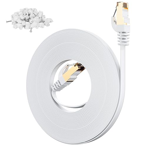 Adoreen Cable Ethernet plano Cat 7 para exteriores de 30 pies, color blanco, cable de red de Internet blindado de alta velocidad, SFTP, POE, cable