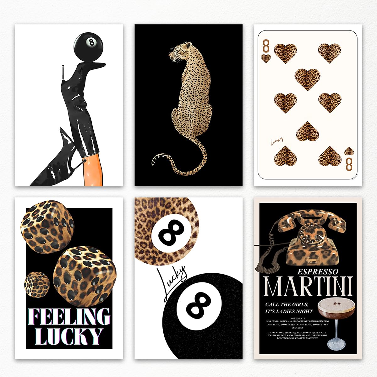 Anslivle Set02 8 Ball Poster, Cheetah Canvas Wall Art, Feeling Lucky Dice And Playing Card Leopard Print Room Decor, Black High Boots Aesthetic Poster, 6Pcs Funky Magazine Cover Picture For Wall 16X24in Unframed