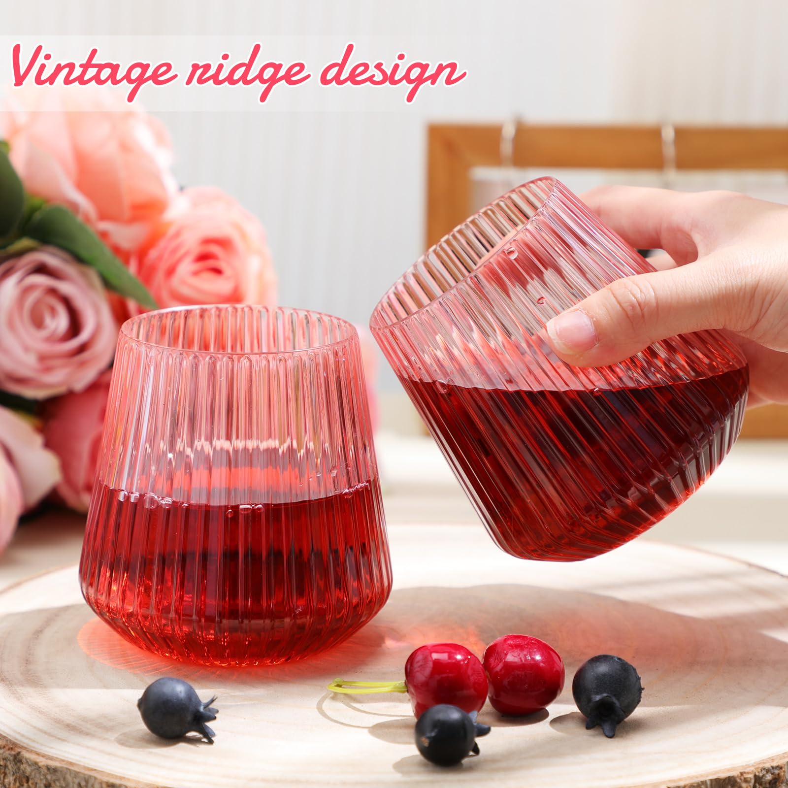 Suclain Weingläser aus Kunststoff, gerippt, ohne Stiel, 400 ml, vertikales Design, unzerbrechliche Becher für drinnen und draußen, Vintage, elegante Champagner-Whiskygläser für Weihnachten, Party,