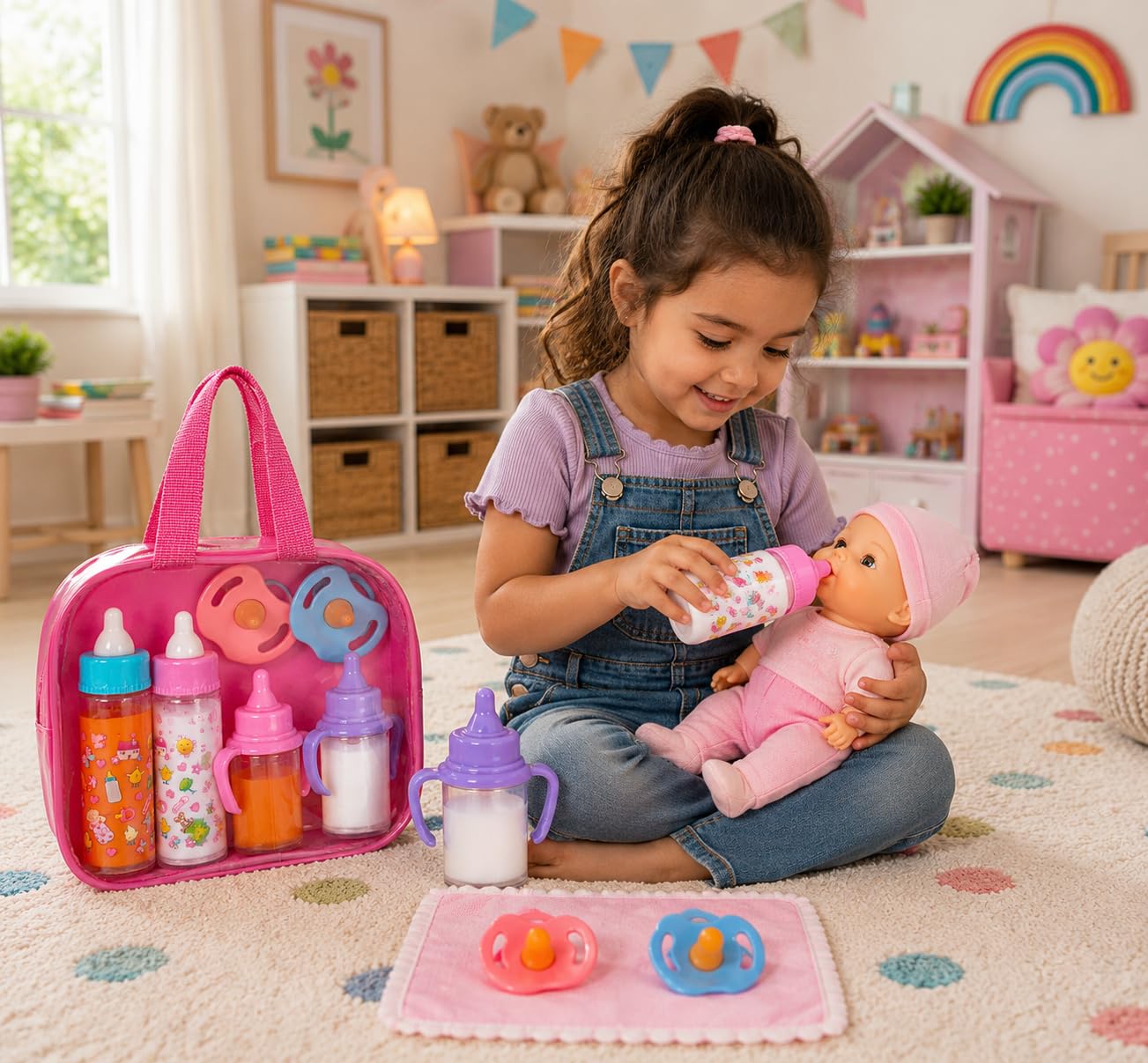 fash n kolor® Accessori per bambole per neonati, 6 accessori in borsa per pannolini, bottiglia magica, accessori per bambole, giocattoli, kit per la cura delle bambole, regali