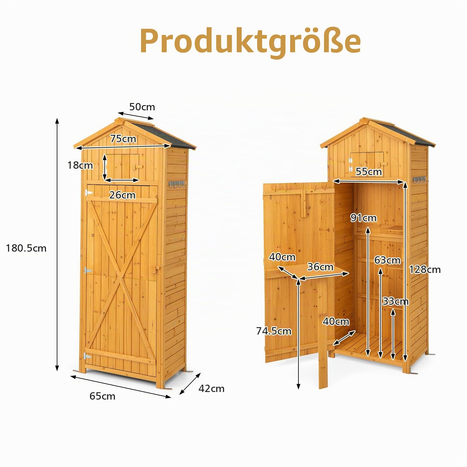 KOMFOTTEU Gartenschrank Holz, Gerätehaus Outdoor wetterfest, Geräteschuppen mit Satteldach, Werkzeugschrank Holzschuppen mit Regal Faltbarem Tisch, 180x65x42 cm, Natur