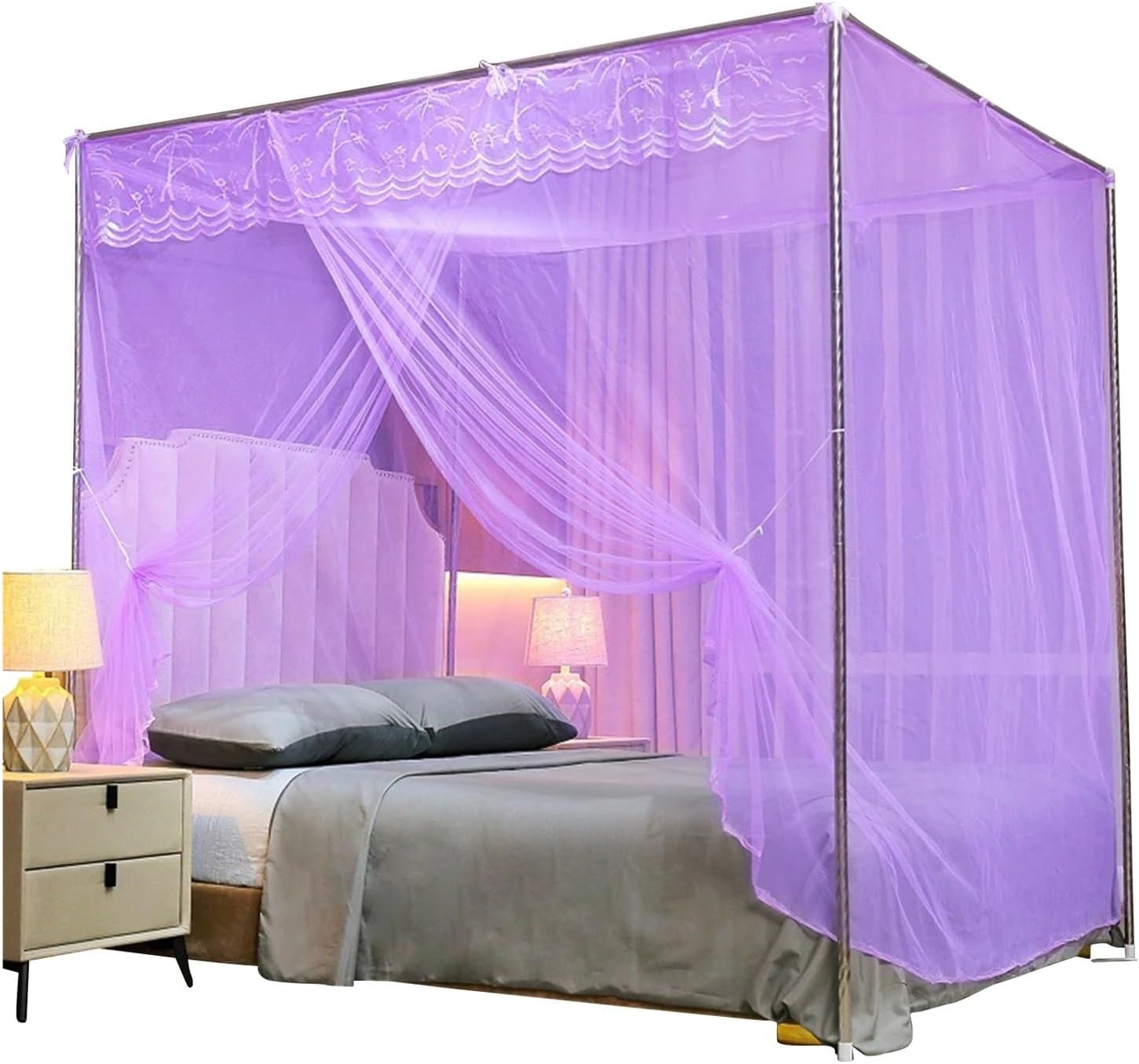 Canopy Bed Curtains Canopy Bed Curtains, 4 Corner Post Lace Trim Princess, Mosquito Net for Adult Bedroom(Color 7,Medium)