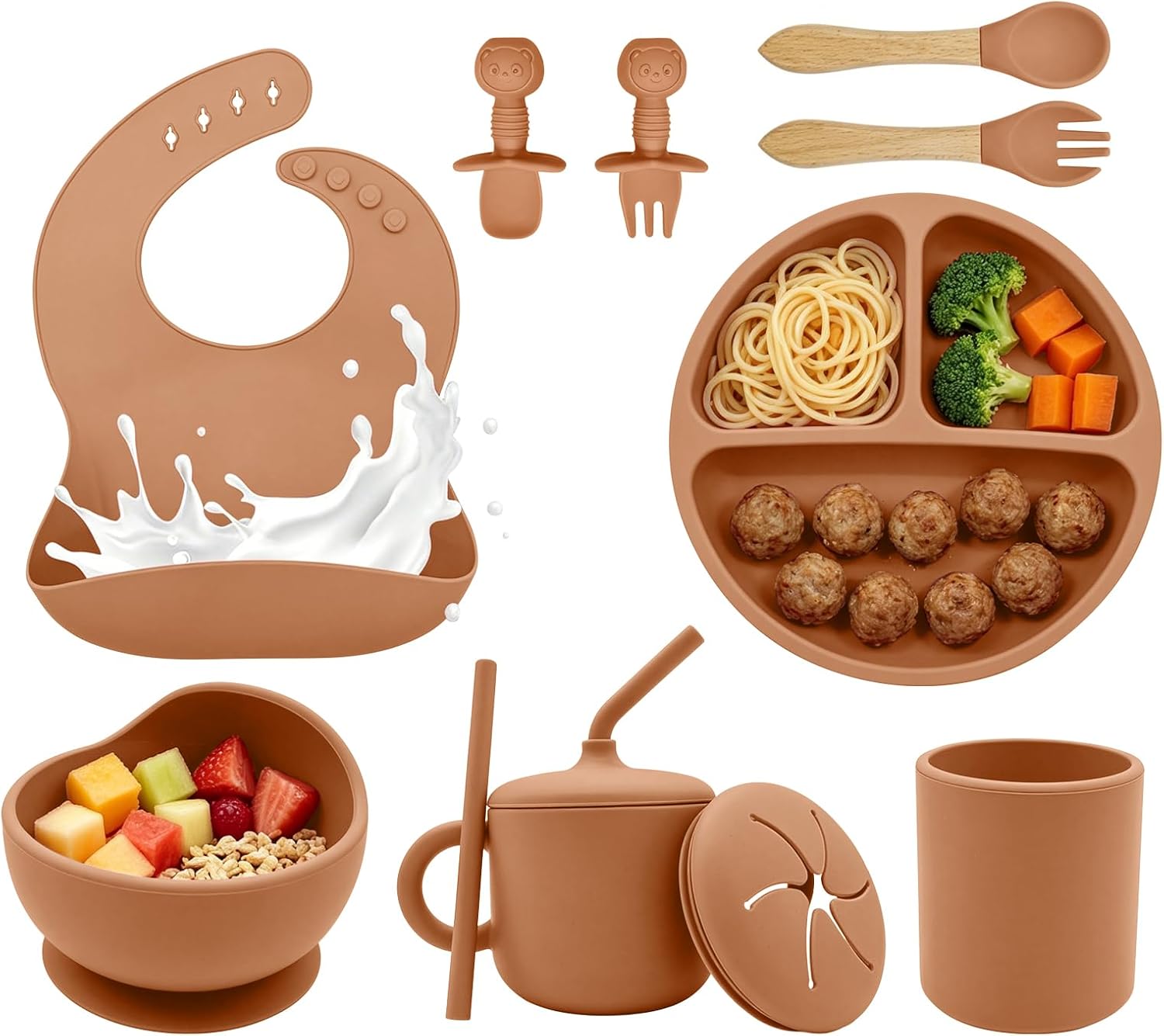 Silicone Baby Feeding Set | 9PCS Baby Feeding Utensils | Divided Suction Plate Bowl Bibs Sippy Cup with Baby Snack Container Spoons Forks
