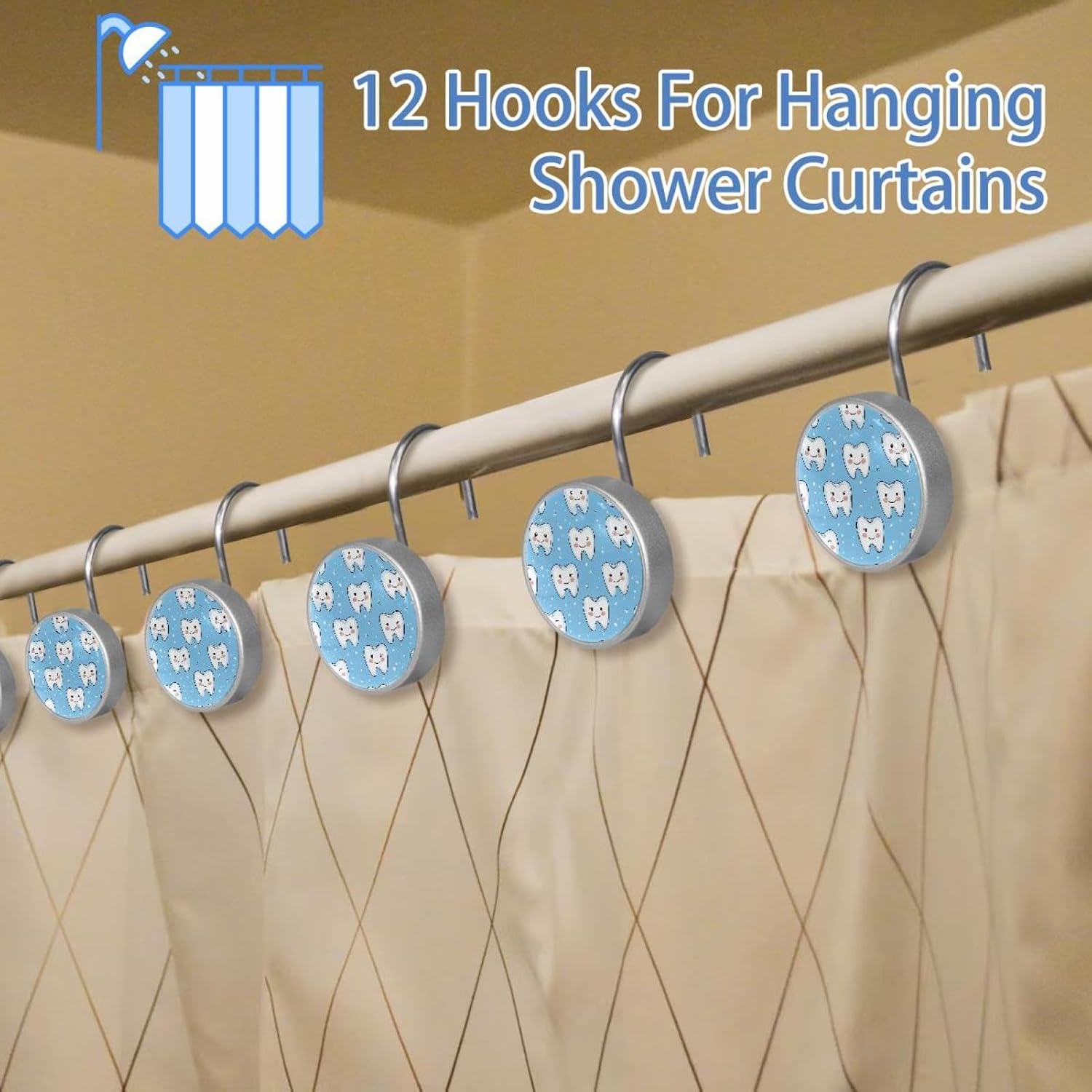 12PCS Cute Teeth Shower Curtain Hooks Rings for Bathroom, Decorative Shower Curtain Hooks Rods Curtains and Liner