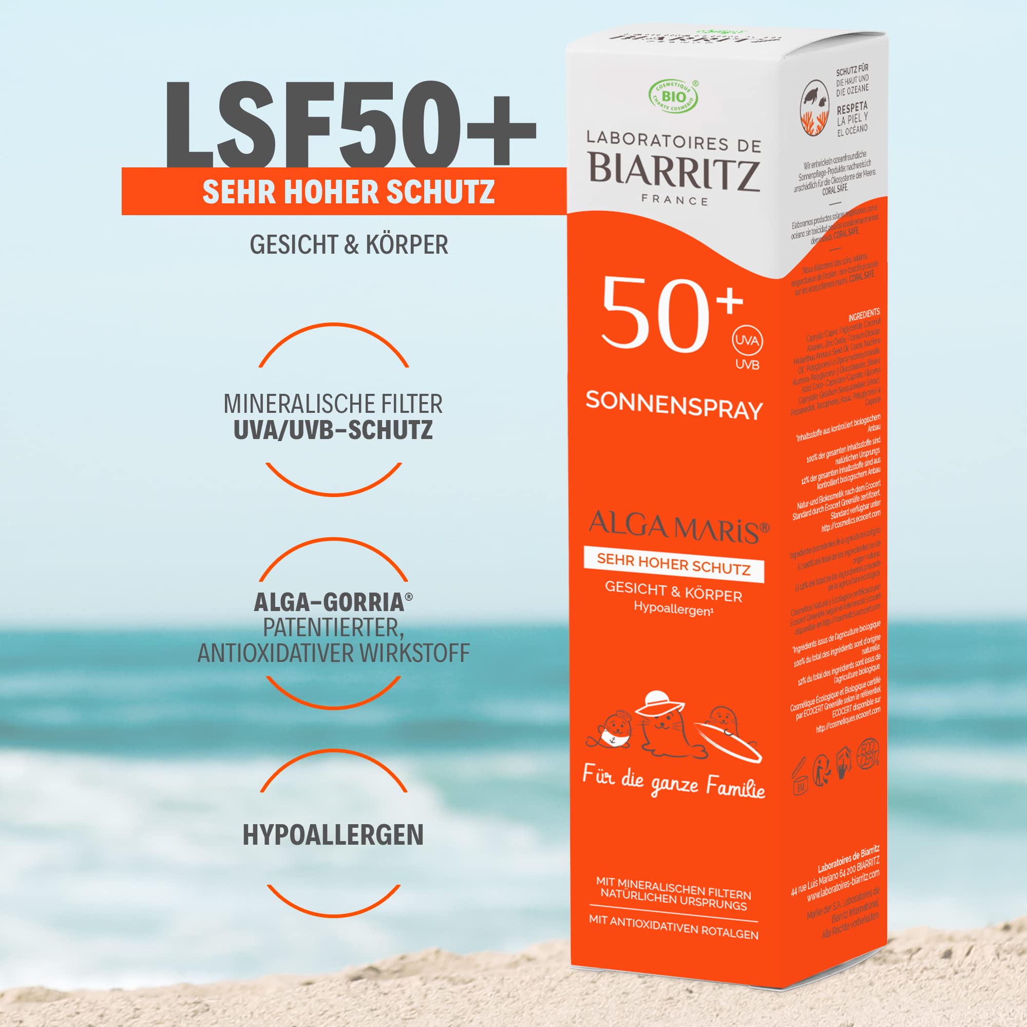 Laboratoires de Biarritz - Sonnnenspray LSF50+ ALGA MARIS® Bio-zertifiziert - Gesicht und Körper - Für Babys, Kinder und Erwachsene - Familienformat 150ml - Made in France