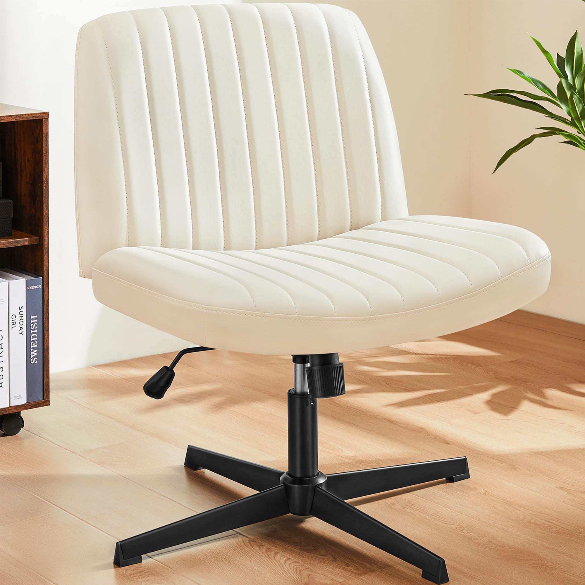Criss Cross Chair, Armless Swivel Cross Legged Office Chair with Wide Back Support/Adjustable Height, Swivel Vanity Chair with 90°-120° Rock Mode Computer Task Chair, Beige Leather