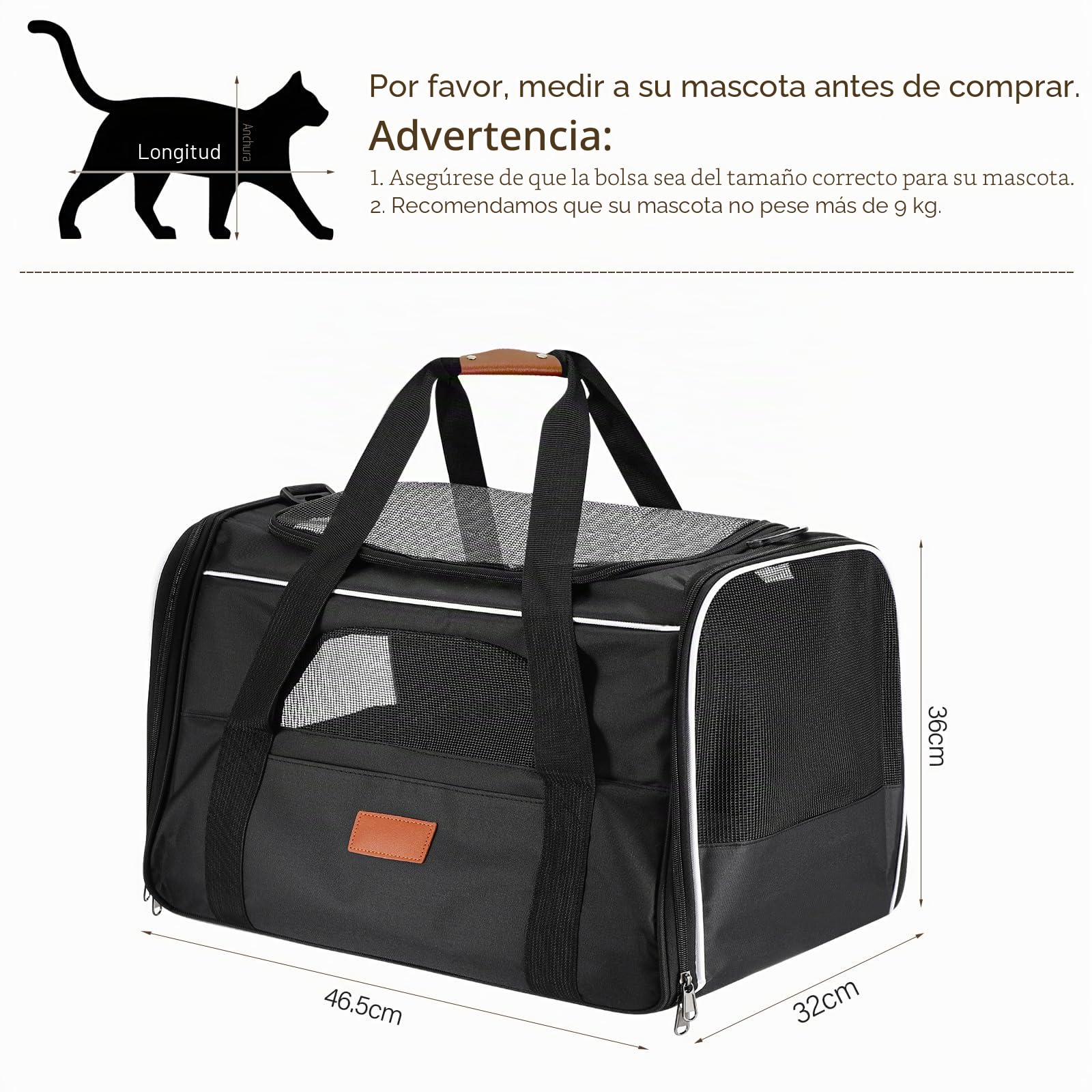 Transportín para Gatos,Bolsa Transporte Transpirable para Mascota,46.5x32x36cm Correa de Hombro Ajustable y Colchón Suave,transportador de Mascotas con Cremalleras de Seguridad