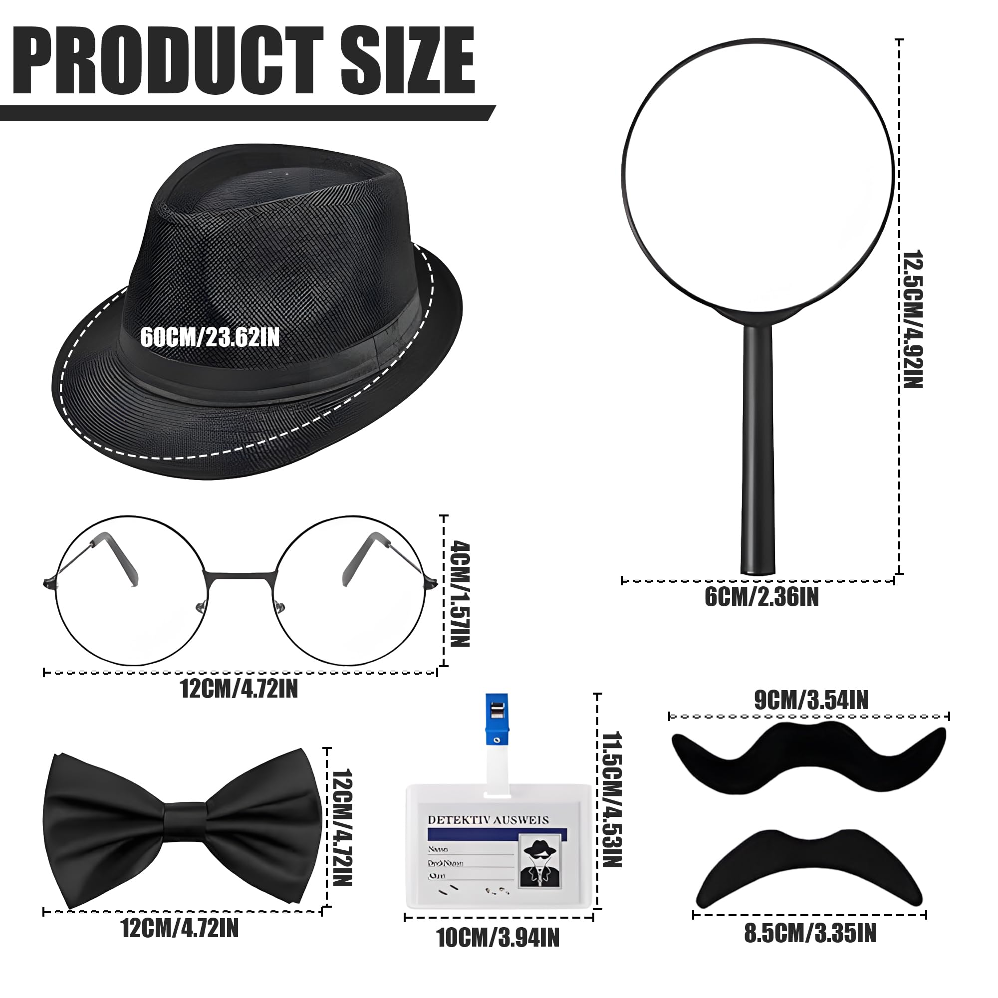 7PCS Detective Costume Accessories Set,Fancy Dress Kit with Black Hat,2 Fake Mustaches,Bow Tie,Black Frame Glasses,Magnifying Glass,Work ID for Adults Halloween Cosplay Carnival Party Outfits - Image 2
