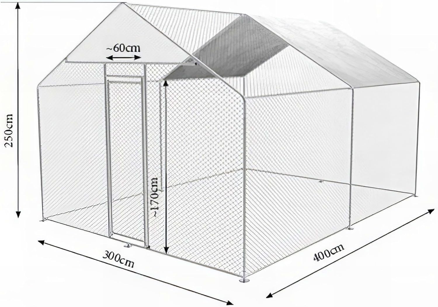 Dimensional diagram of the Zipper ZI-CR342 Pet Enclosure, showing a length of 400cm, a width of 300cm, and a height of 250cm, with door height of 170cm and width of 60cm.