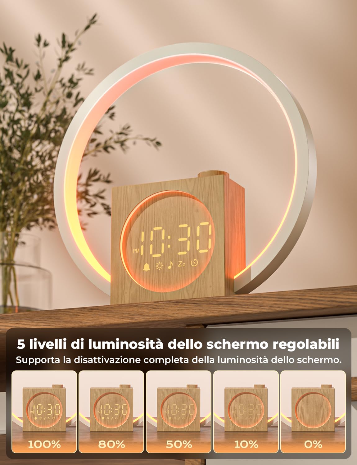 LIORQUE Sveglia Luminosa con Rumore Bianco, 30 Suoni, Alarma Snooze | Timer Spegnimento, Volume e Luminosita Regolabili, Luce Notturna Colori Dinamici, Adattatore Incluso
