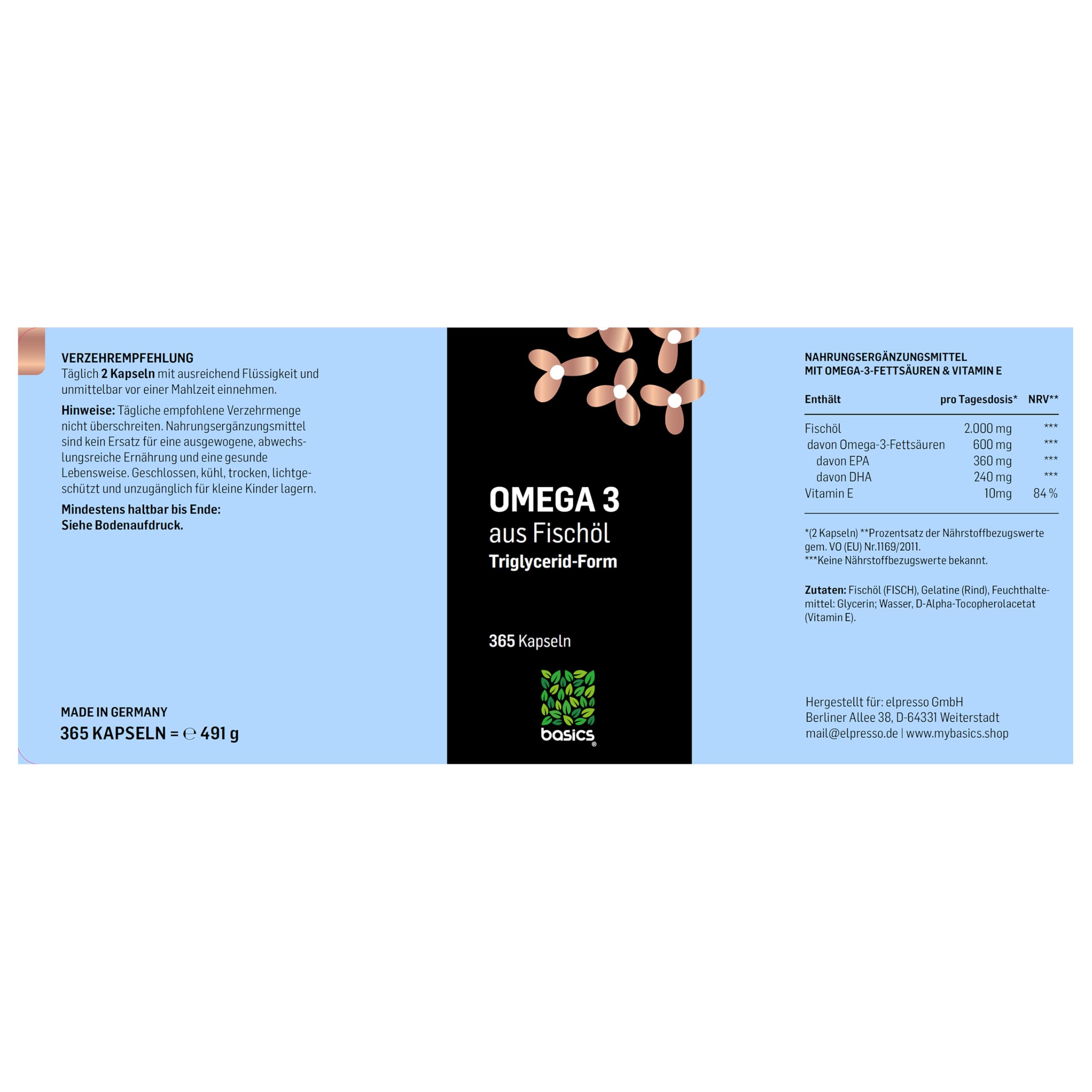 basics Omega 3 Kapseln mit 2000 mg Fischöl pro Tagesdosis und Vitamin E - 18:12 EPA & DHA in Triglyceridform - Hohe Bioverfügbarkeit - 2er Pack, je 365 Stück für 6 Monate