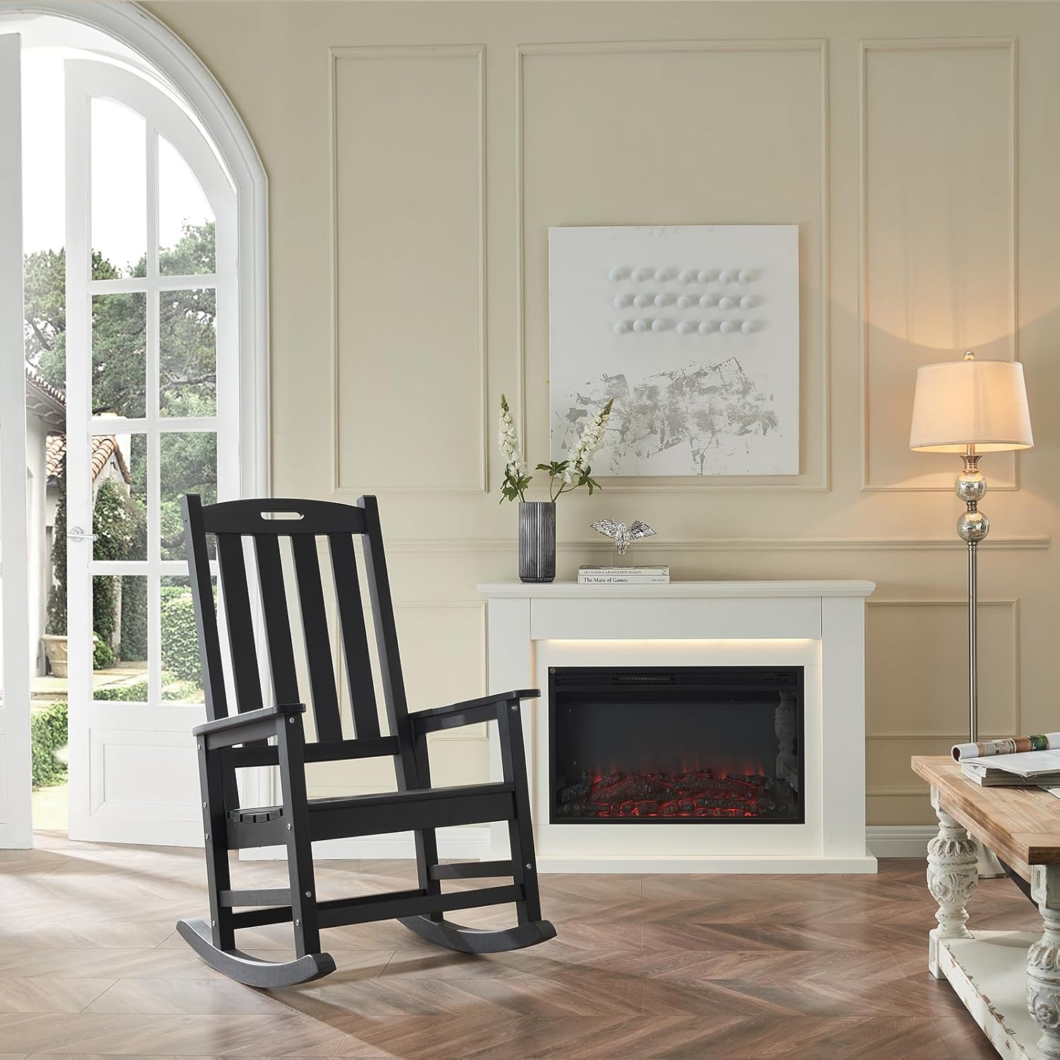 Psilvam Oversized Outdoor Rocking Chair, with 21" Wide Seat and 32" Tall Backrest, Pre-Assembled with Most Components for Effortless Installation (Carbon Black)