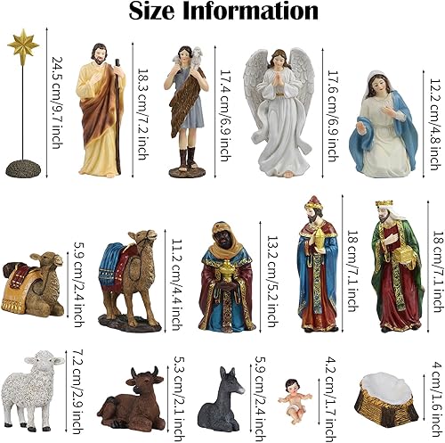 Miniatura 2 de Fovths Paquete de 16 figuras de pesebre de Navidad de resina con pesebre de resina con LED pesebre, decoración de mesa, centros de mesa de resina