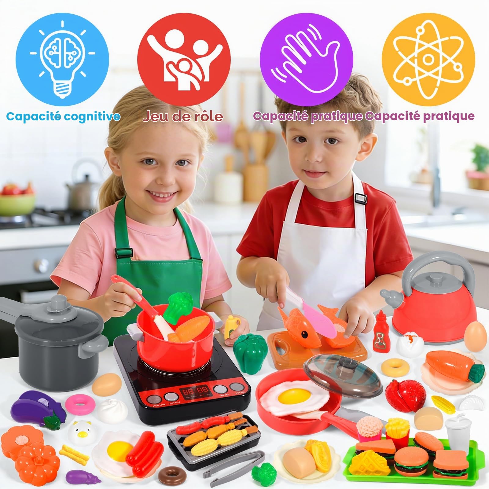 Set Cuisine Enfant 30 Pièces – Casseroles Inox, Ustensiles, Tablier, Aliments à Découper – Jeu De Rôle Chef – Cadeau Montessori