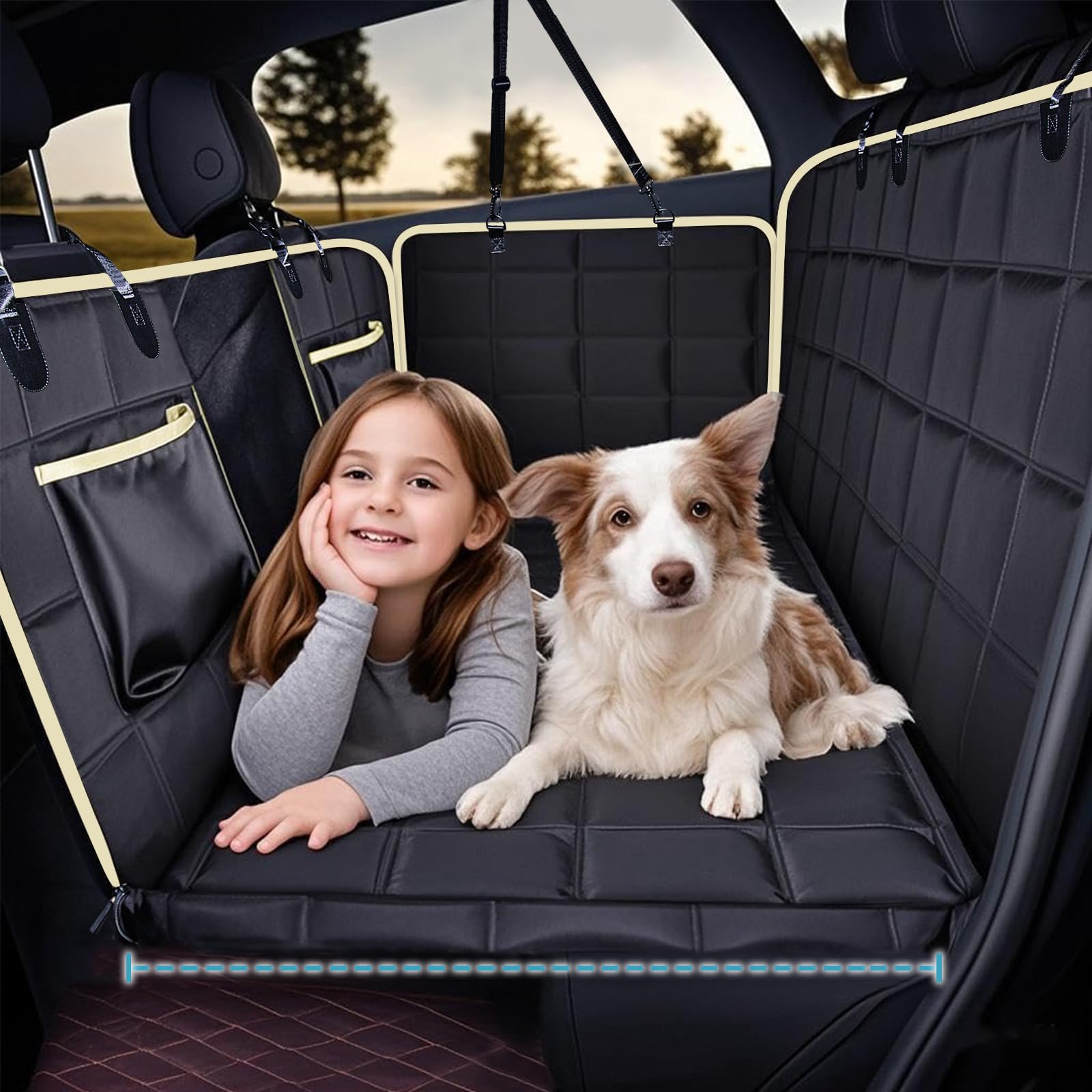 Lassie Heavy-Duty Dog Car Hammock with Mesh Window & Hard Bottom - Waterproof Back Seat Extender for Dogs Holds 400lbs, Non-Slip Pet Seat Protector, Universal Fit for SUV/Truck/Car