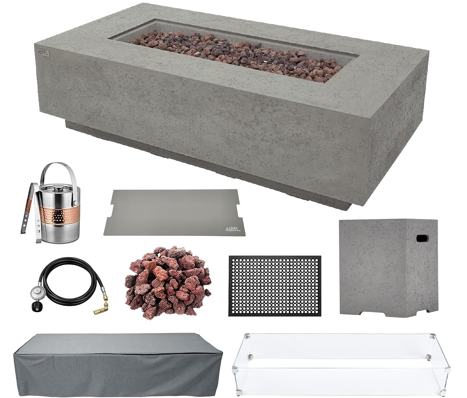 AMS 60" Rectangular Concrete Propane Gas Fire Pit Table Bundle (Light Gray)