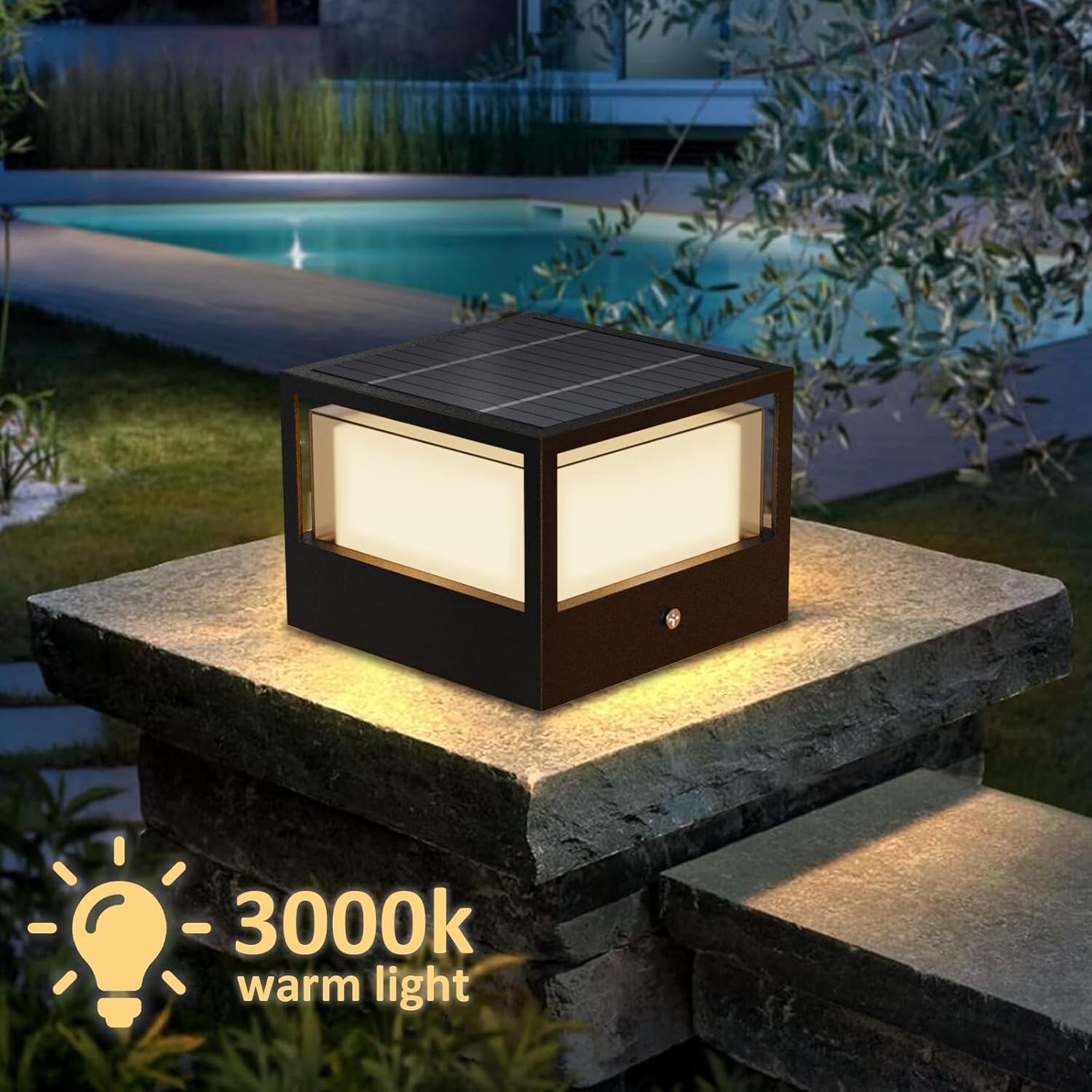 Solar Post Light, Dusk to Dawn Solar Lamp Post Light Ip65 Waterproof Pillar Lights Outdoor 6.3", 3000k, Aluminum, for Garden Patio Yard Decoration, Up to 12 Hours, Black