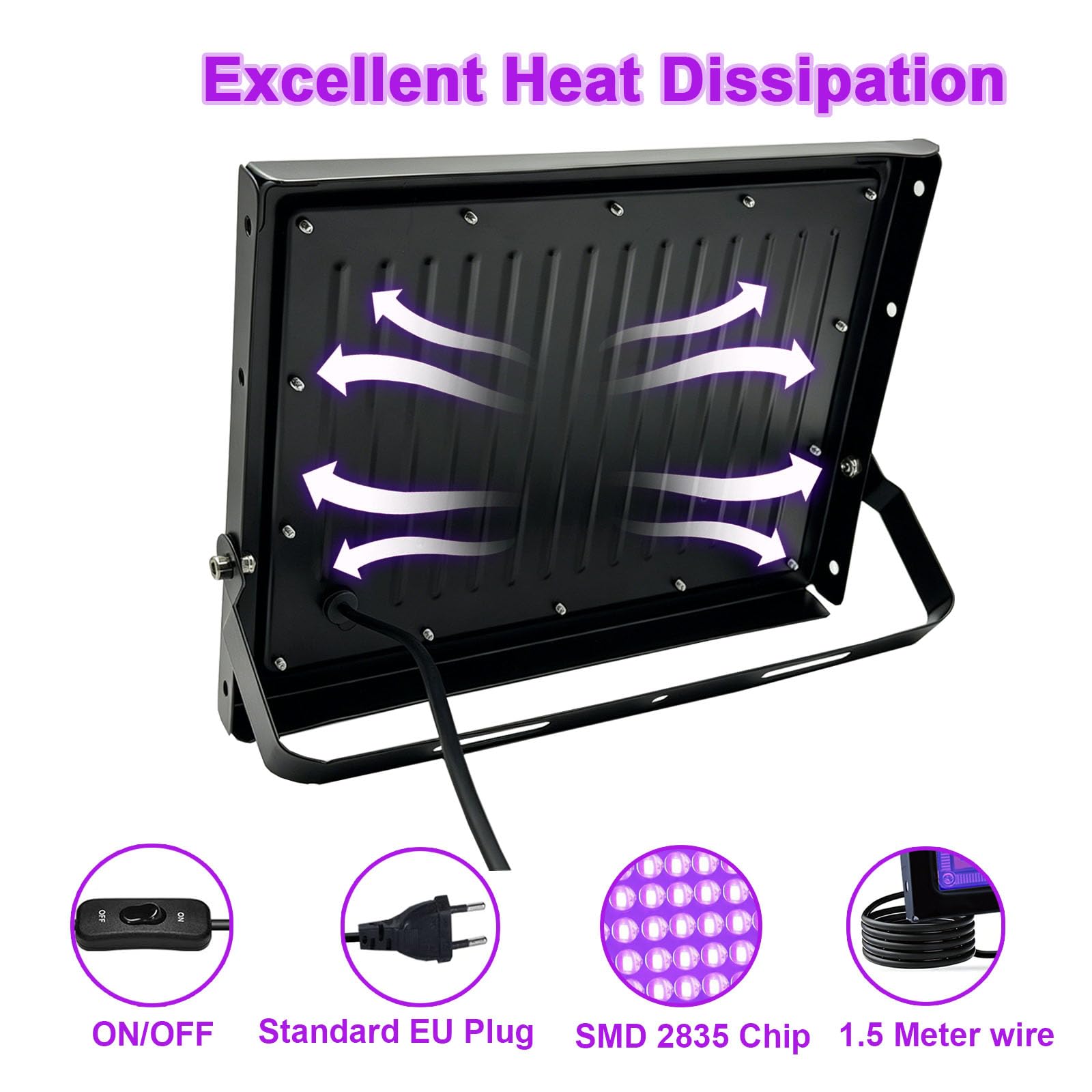 2 Pièces Lumiere Noire LED 100W, Projecteur Lumière Noire UV, Etanche IP66, 395-400NM Lumiere Noire LED Avec interrupteur pour fêtes, Effets Fluorescents, Décorations d'Halloween et Scène