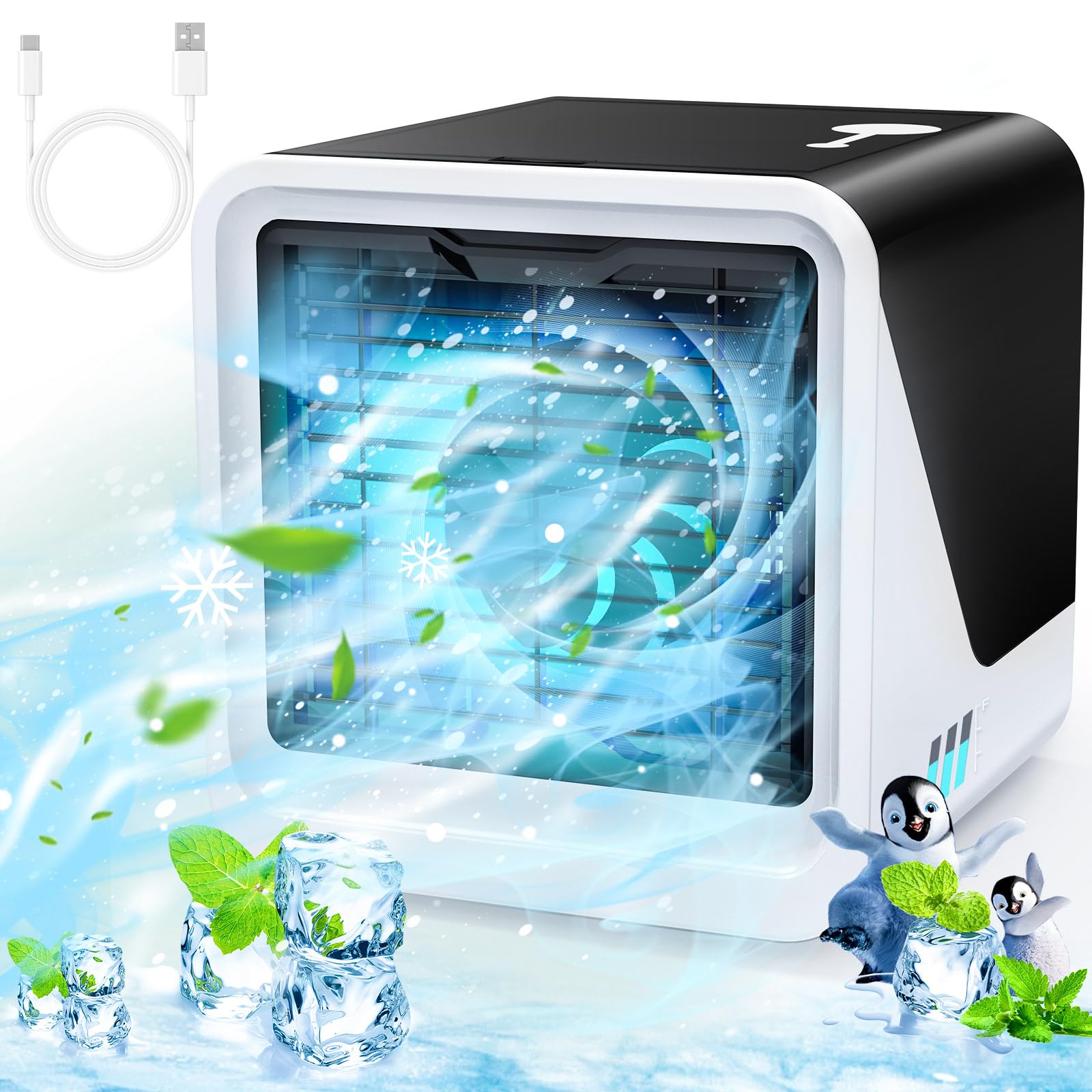 Portable Air Conditioner, 3 Speed, No Outer Tube | 3 in 1, Quiet, 500 ml, 7 Colour Night Light, Mini Air Conditioner Suitable for Bedrooms, Offices
