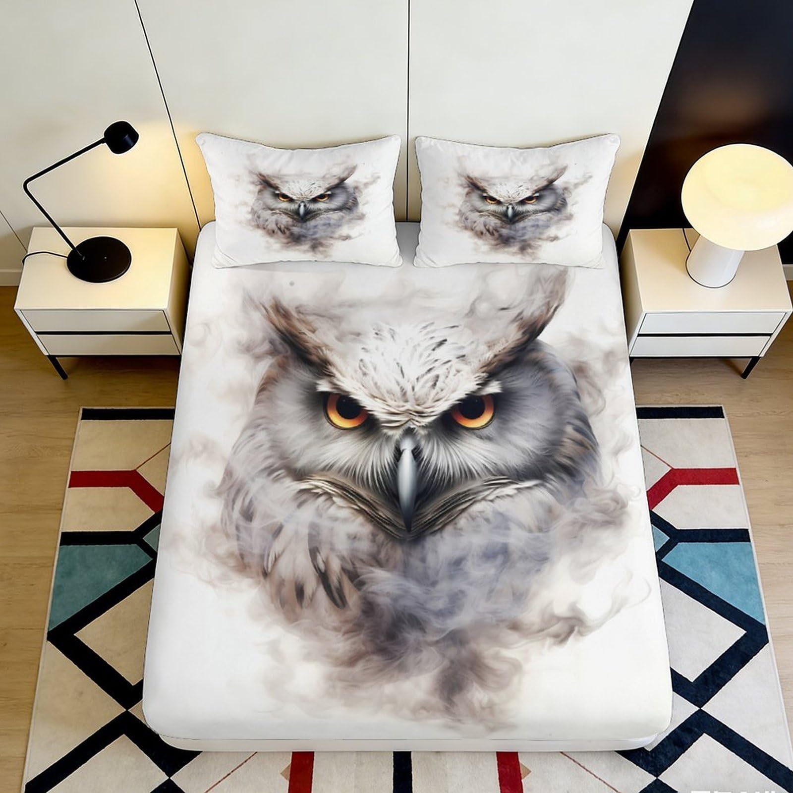 3D Printed Realistic Owl Fitted Sheet Microfiber Soft Anti-Slip Animal Art Mattress Cover for Bedroom Guest Room Decor 90x200x25cm