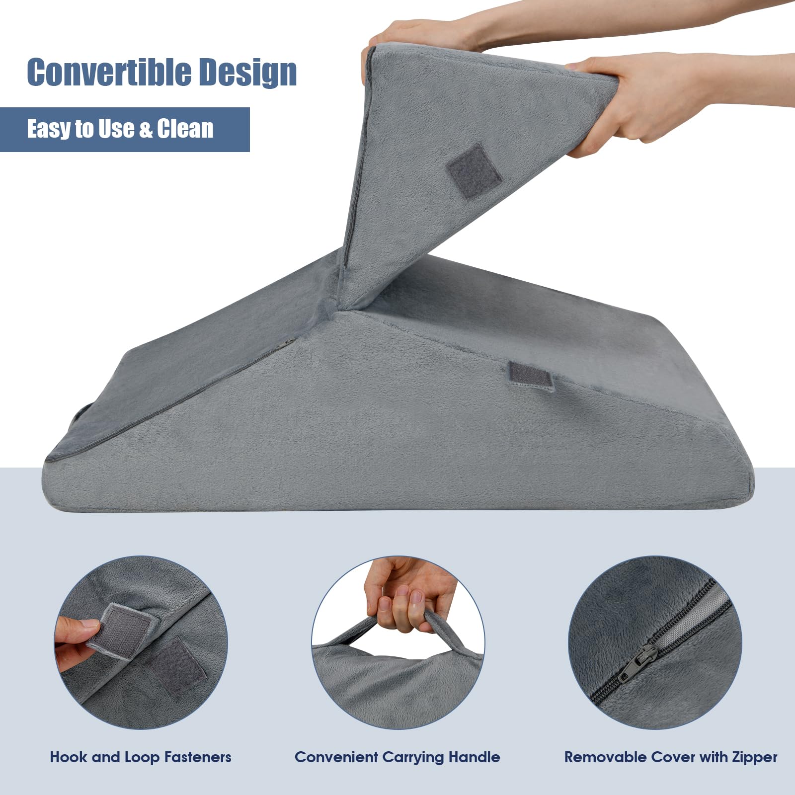 FANTASK Keilkissen, 58 x 36 x 50,5cm, Lesekissen mit Memory Foam Bezug, Waschbar, Ergonomisch Beinkissen, Rückenkissen bei saurem Reflux, Rückenschmerzen & GERD, Relaxkissen für Bett & Sofa (Grau)