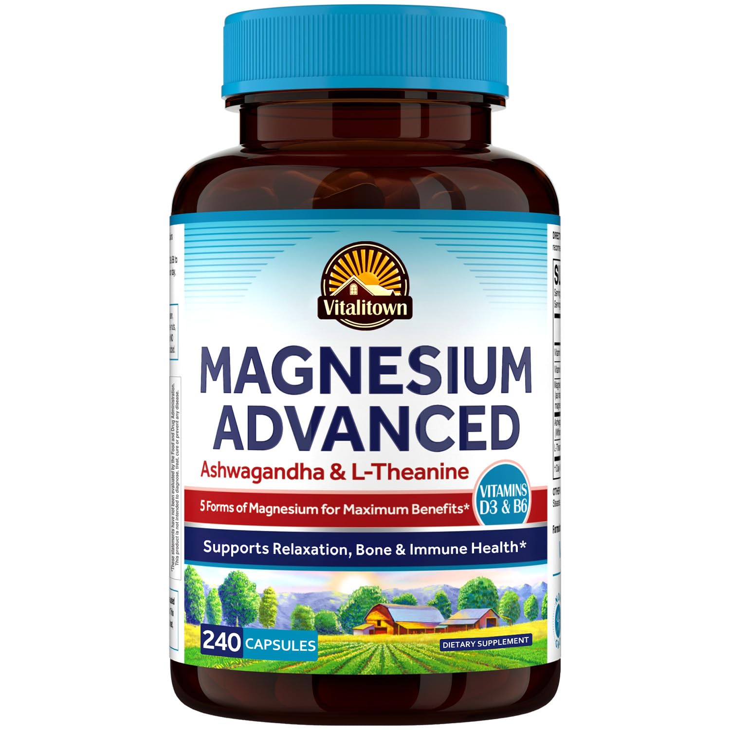 Vitalitown Magnesium Ashwagandha Supplement, Magnesium Glycinate, Citrate, Malate, Taurate, Vitamins D3 & B6, Non-GMO, Bone & Immune Health, Calm & Relaxation, 240 Capsules