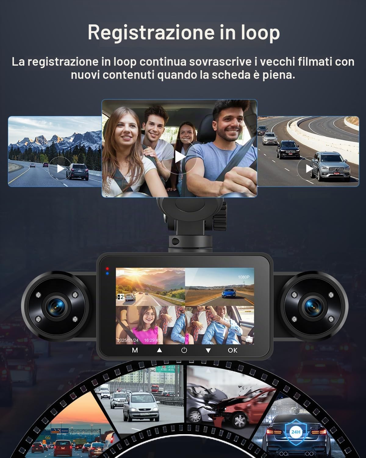 NHOPEEW 4 canali Dash Cam 3’’ IPS Touchscreen anteriore e posteriore con 8 luci IR per la visione notturna, registrazione in loop, 24 ore di registrazione, G-Sensor, aiuto alla retromarcia + scheda di