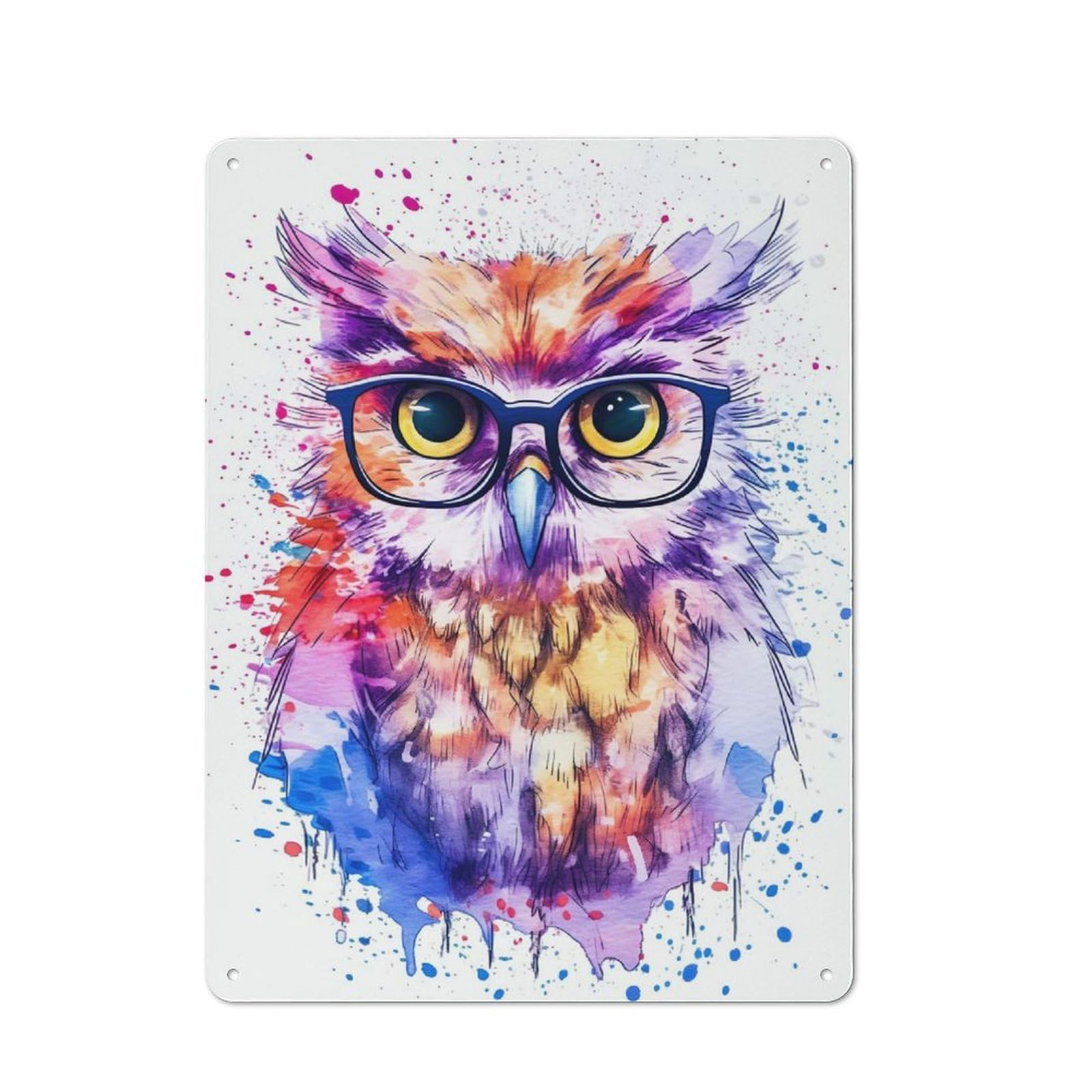 Decorative Metal Plaque with Cute Owl Wearing Glasses Design 40x30cm, Modern Retro Studio Wall Art for Workspace, Cafe, Hallway Or Garage