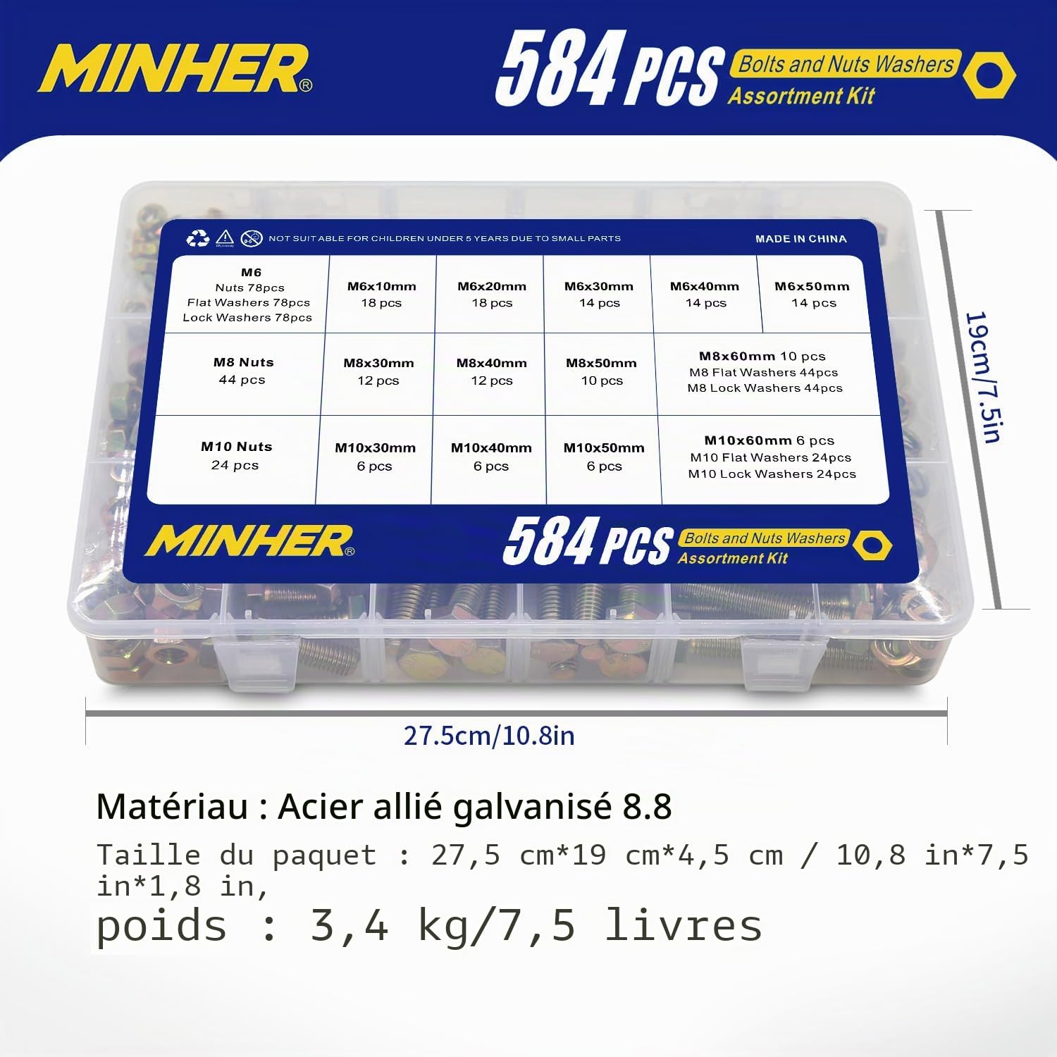 MINHER 584 Pcs M6 M8 M10 Boulons et écrous de Sortilège Rondelles Ensemble 8.8 Acier allié de Coin Extérieur Vis Hexagonale