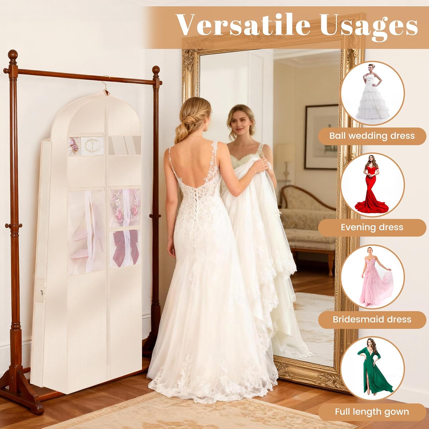 Upgraded Version 72" Wedding Dress Garment Bag Dress Bags for Gowns Bridal Dress Travel Bag with 12”Gusseted and Accessory Pockets for Wedding Dress, Puffy Gowns, Equipped with Shoulder Straps - Image 5