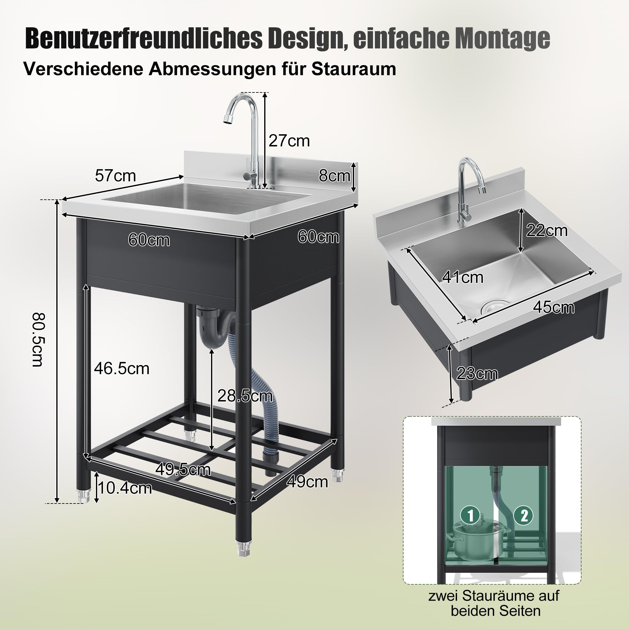Lavello autoportante in acciaio inox con rubinetto e scarico, 60 x 60 cm, per cucina all'aperto, giardino, officina e gastronomia, robusto lavello da cucina da giardino con ripiano