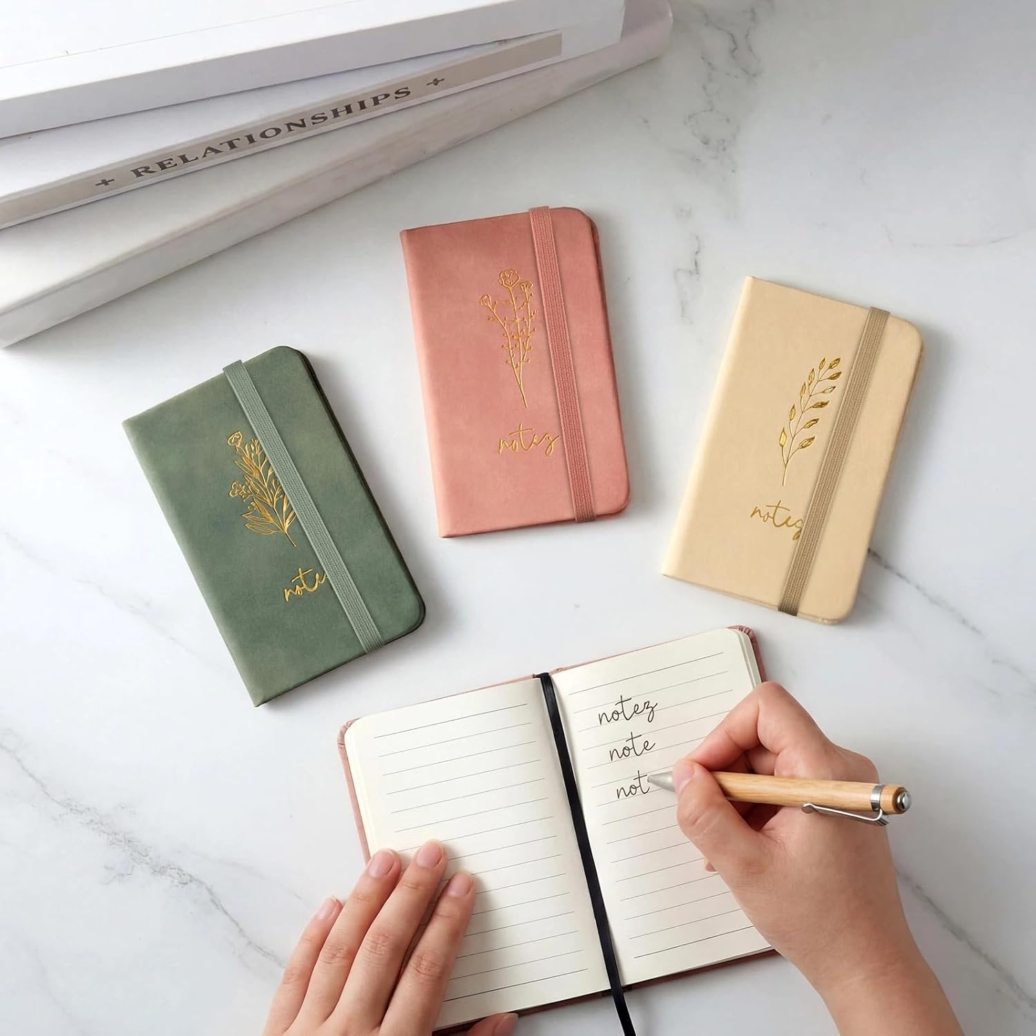 Qeeenar 10 Pcs Mini Pocket Notebook, Gold Foil Leaf, Green, Khaki, Pink image 4