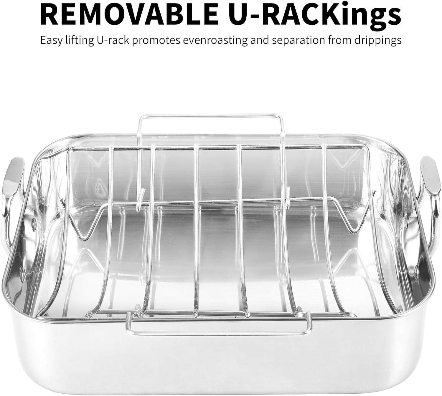 16.5inch Roasting Pan with V-Shape Rack - Stainless Steel Large Turkey Roaster Pan for Turkey, Chicken, Ham Roaster with V-Shaped Baking Rack Heavy Duty Dishwasher Safe, Hold up to 22LB