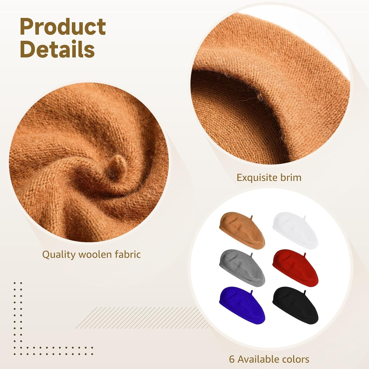 6 PCS Beret Hats, Woolen Blend Beret Caps, Classic Design in Multiple Colors, Comfortable and Stylish Headwear, Ideal for Gifting and Everyday Use - Image 3