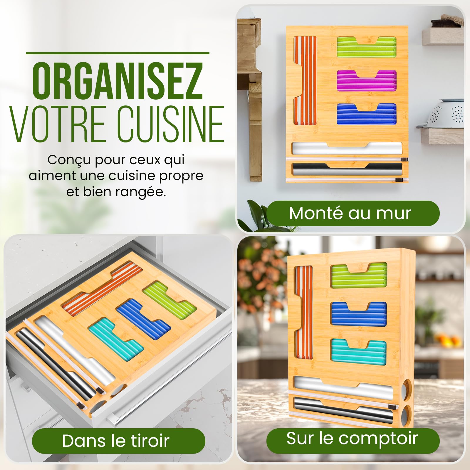 LudoHome Organisateur Cuisine Bambou 6-en-1 Distributeur Film Aluminium Sacs - 43x33x9.6cm