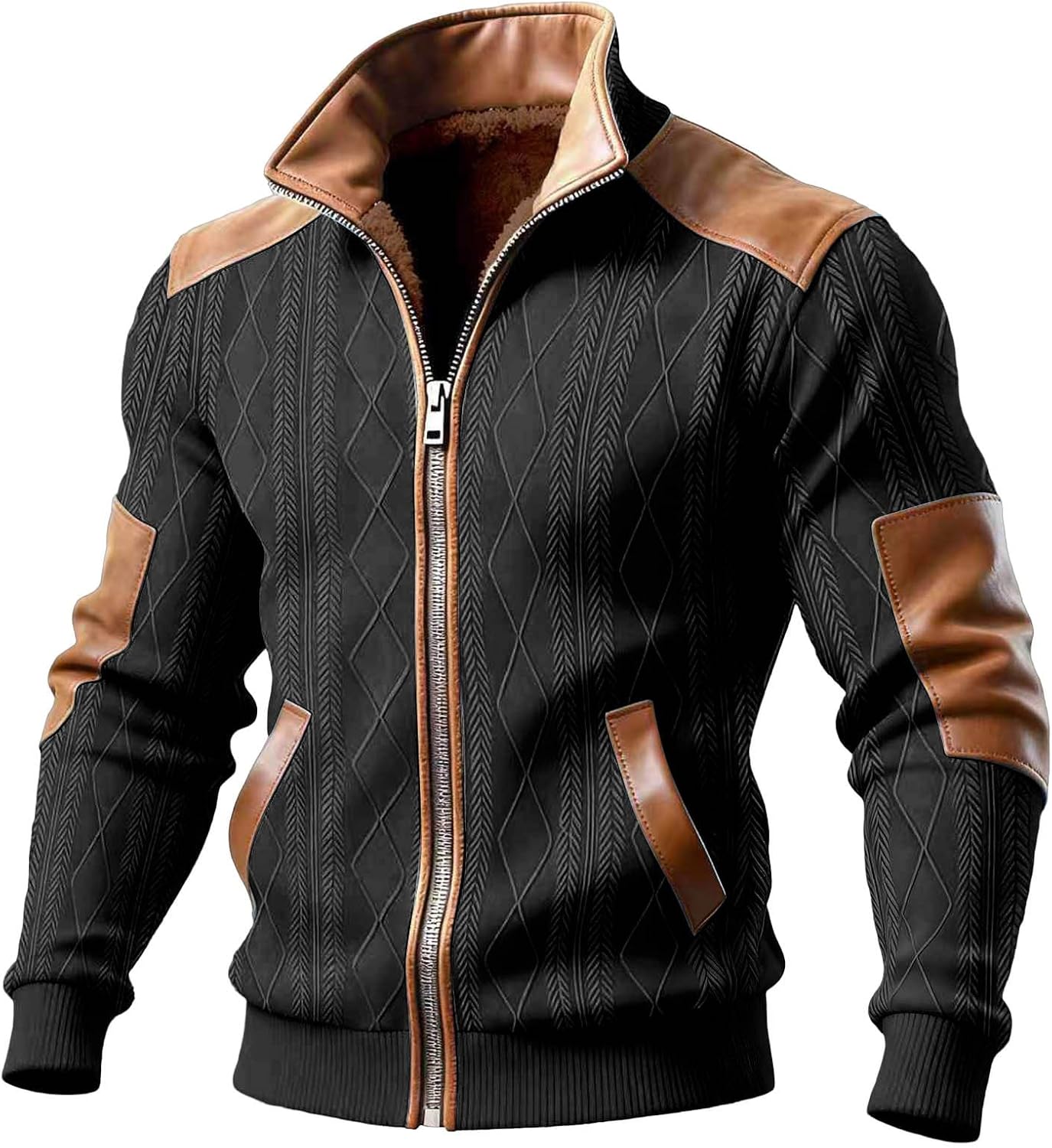 Fleece Jacket Men Jacquard Textured Full Zip Bomber Jackets Patchwork Stand Collar Color Block Coat for Casual Wear