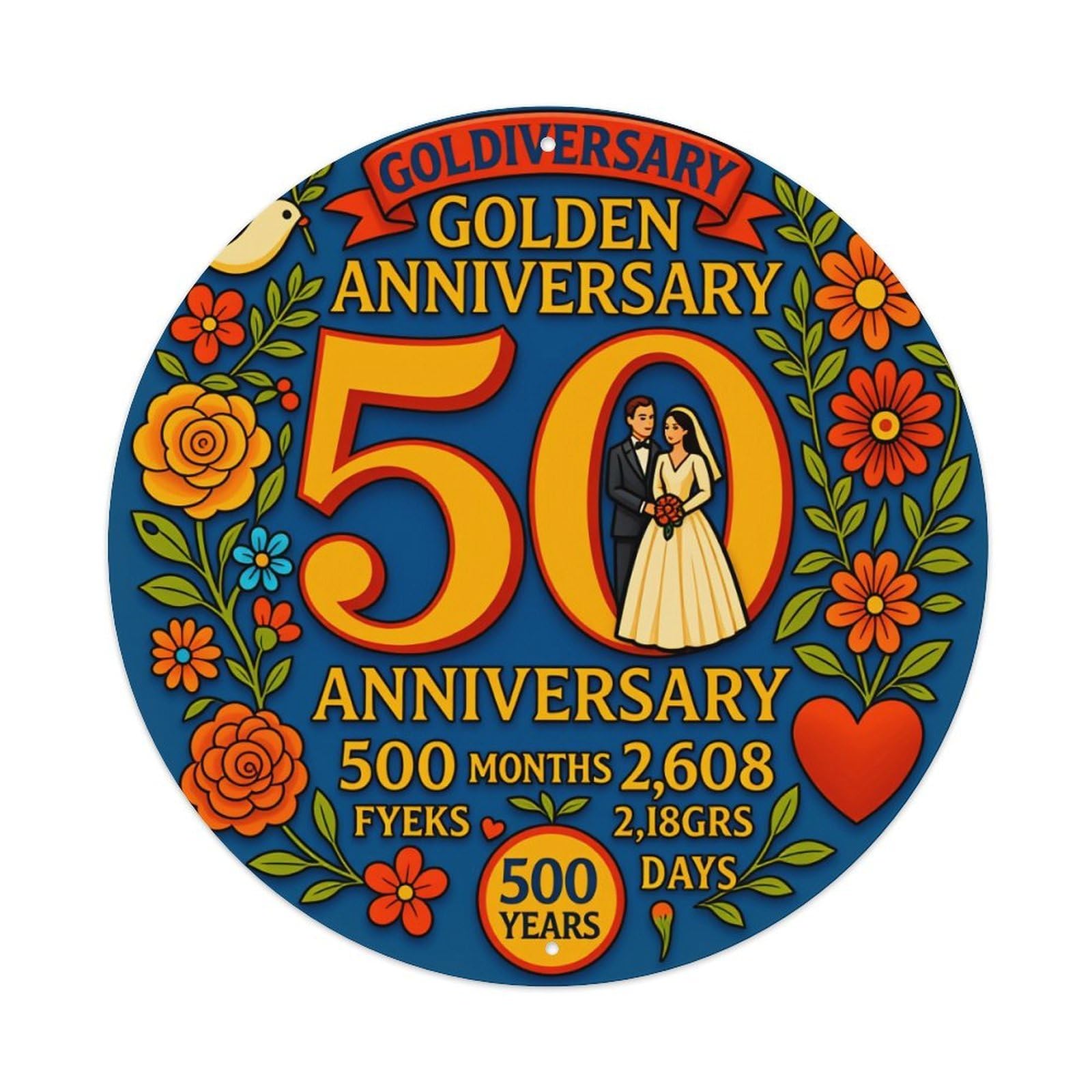 Golden Anniversary Floral Design Couple Round Tin Sign Vintage Style Metal Sign Home Bar Garden Wall Plaque Decor Metal Poster 8x8 Inch