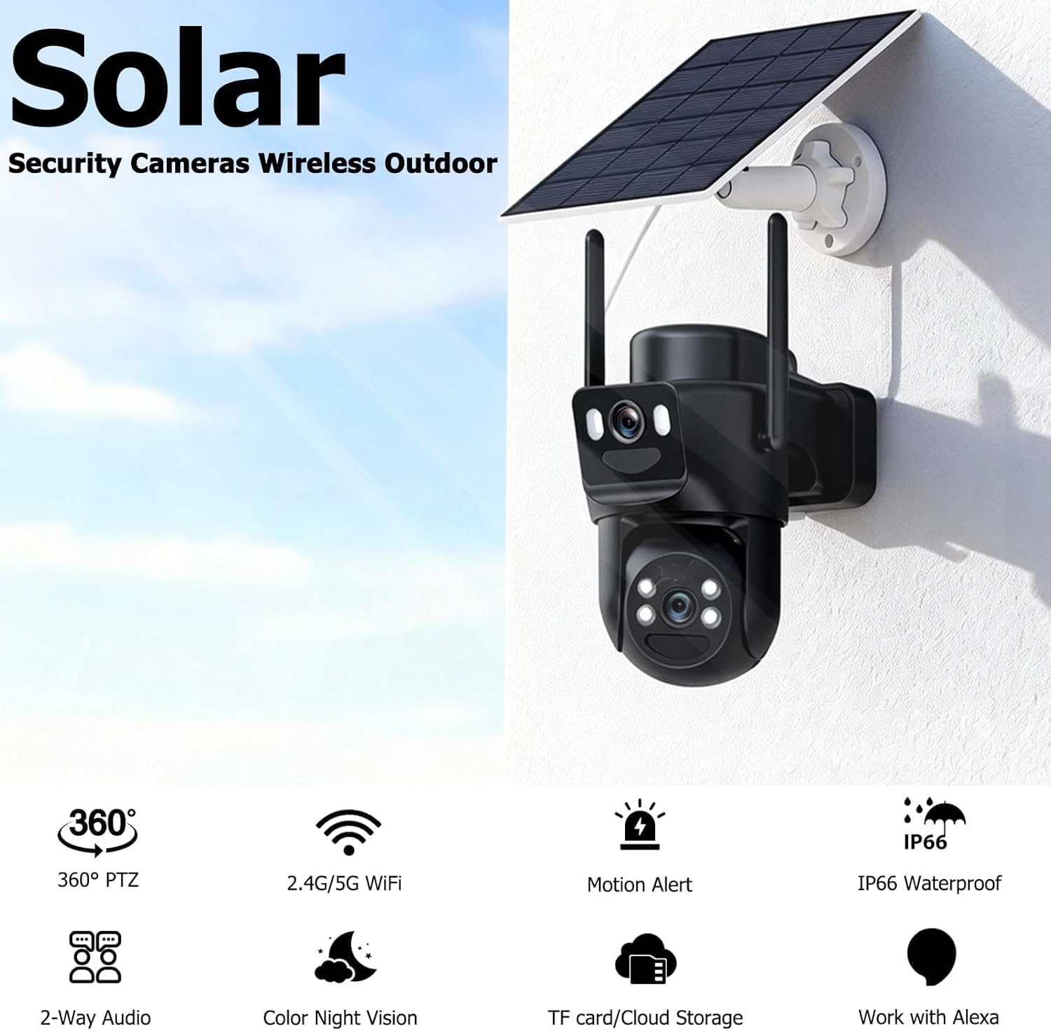 Kurain Dual Lens Solar Security Cameras Wireless Outdoor, 5G/2.4G WiFi 6, 360° View Pan/Tilt Home Security Camera with 6MP Color Night Vision, Motion Detection, 2-Way Audio, Spotlight Siren, 2Pack