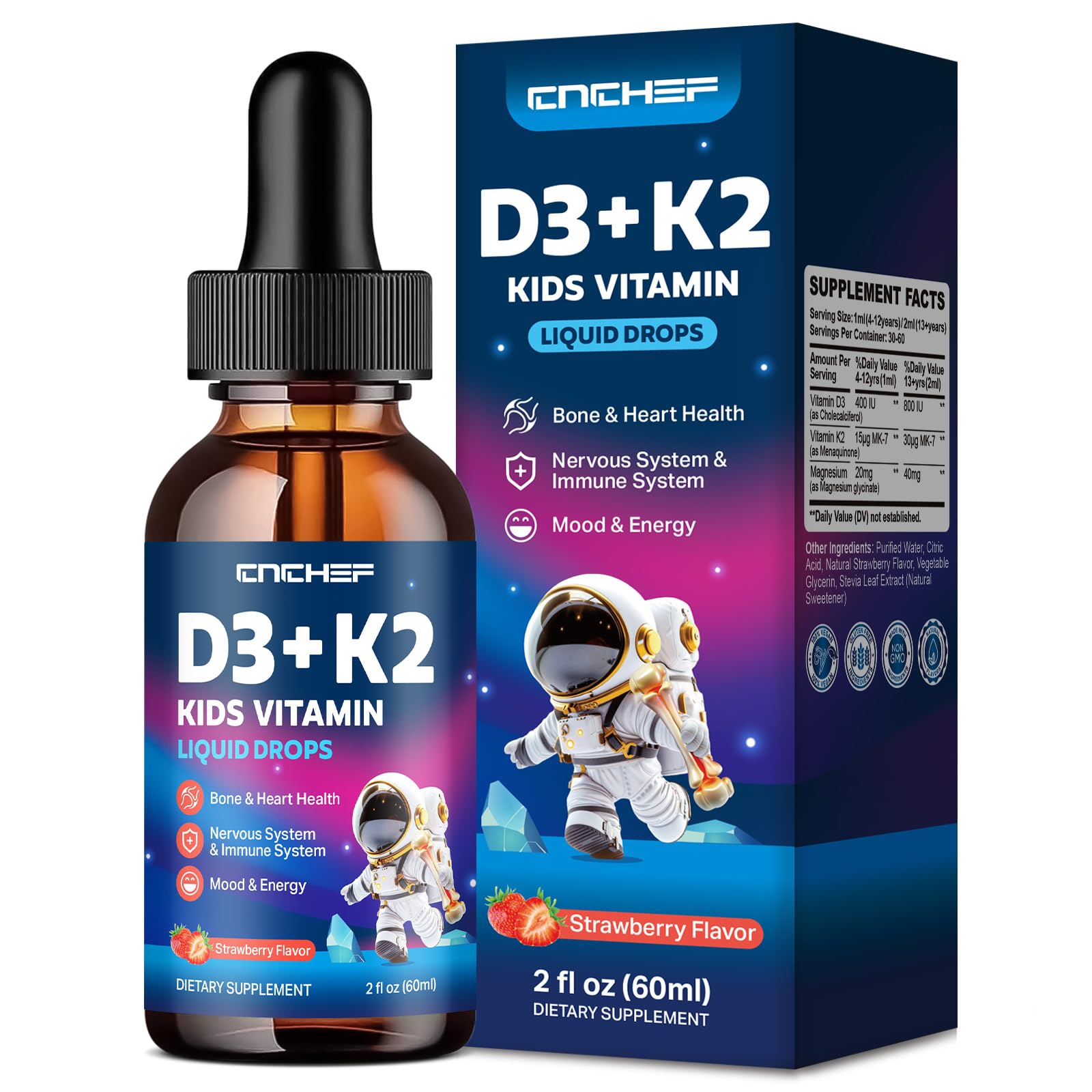 Vitamin D3 K2 Drops for Kids - Liquid Supplement with Magnesium for Calcium Absorption, Joint Health, Teeth & Heart - Non-GMO, Vegan, Strawberry, 2 Fl Oz - Kids Ages 4+ Strawberry 2 Fl Oz (Pack of 1)