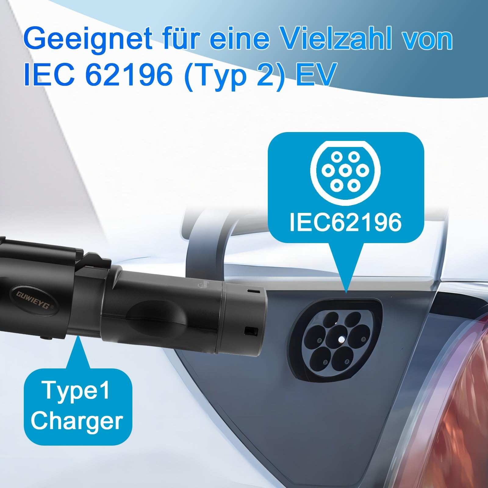 Typ 1 auf Typ 2 Adapter, passend für Type2 EVs, EV-Ladeadapter SAE j1772 auf IEC62196 EV-Ladeadapter